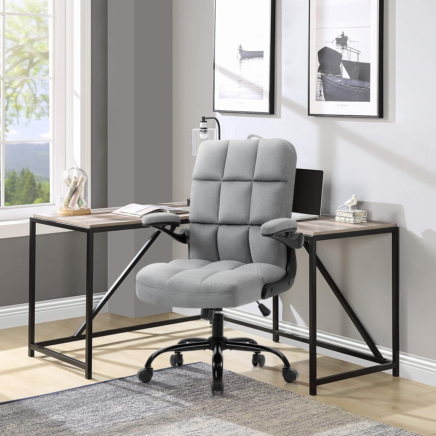 SEATZONE Ergonomic Home Office Chair - Adjustable Fabric Upholstered Desk Chair with Armrests & Lumbar Support - Modern Executive Swivel Task Chair for Computer Work, Gaming & Remote Work - Grey