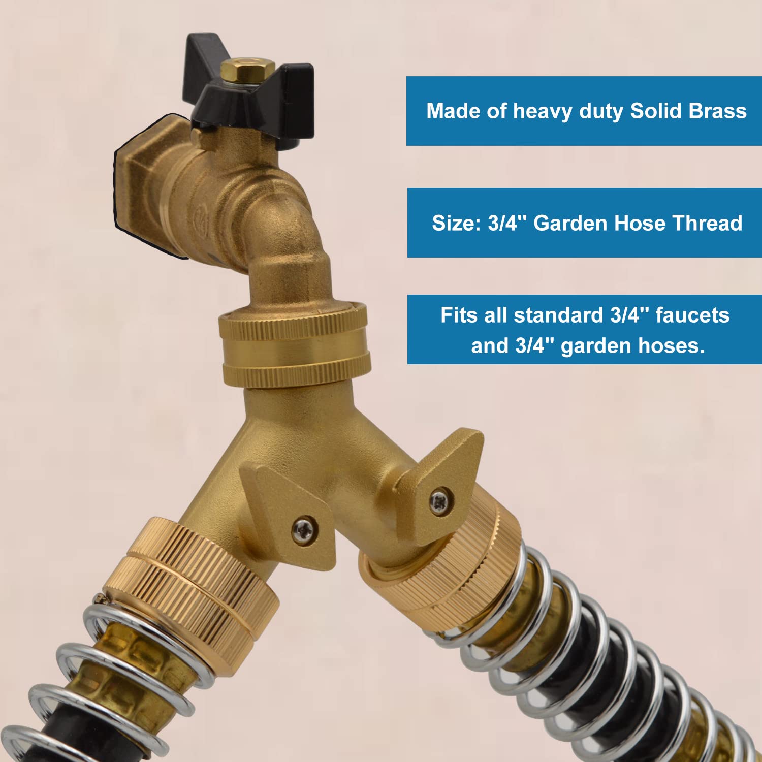 HYDRO MASTER Heavy Duty Brass 2-Way Y Splitter Garden Hose Connector with Comfortable Grip Shut Off Valves - Water Tap Adapter for Outdoor Faucet, Spigot & Outlet - Includes Extra Rubber Washers - Perfect for Lawn Irrigation, Car Washing & Garden Watering