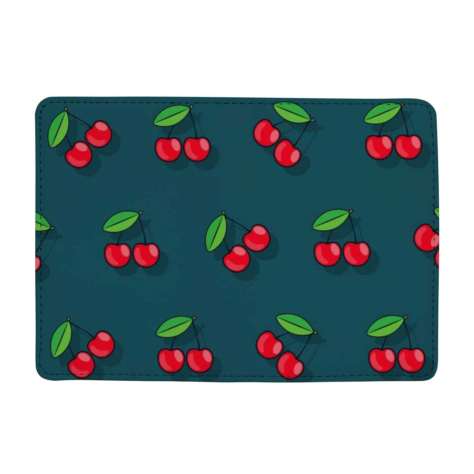 RFID Blocking PU Leather Passport Holder - Cute Cartoon Cherry Dark Green Travel Wallet with 3 Pockets for Men, Women & Kids | Slim Card Case Cover for Airplane, Cruise & International Travel