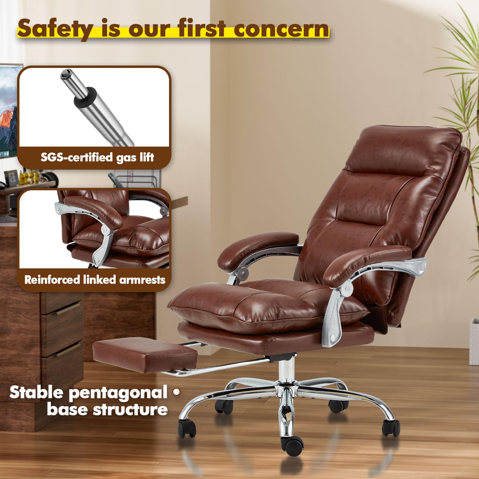 Premium Ergonomic Executive Office Chair with Adjustable Footrest & Reclining Back - 350 lbs Weight Capacity - Big & Tall PU Leather Computer Gaming Chair for Home Office & Workspace - Linkage Armrests for Ultimate Comfort