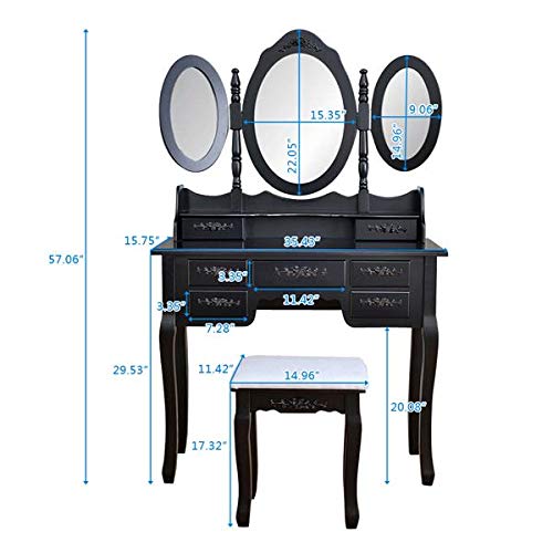 Vanity Set with Tri-Folding Mirror & 7 Drawers - Makeup Dressing Table with Cushioned Stool - Easy Assembly for Women & Girls - Perfect for Bedroom, Bathroom & Dressing Room Organization