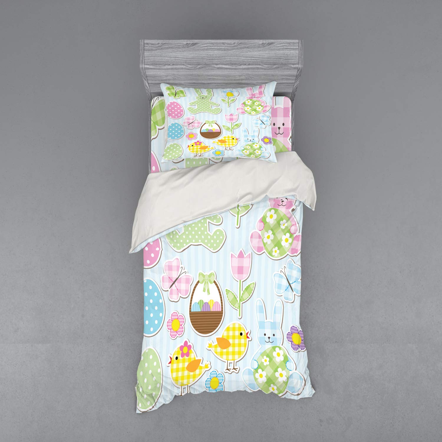 Ambesonne Easter Duvet Cover Set - Pastel Bunnies & Chicks with Giant Eggs Holiday Design, 3-Piece Twin Size Bedding Set with Sham & Fitted Sheet | Perfect for Spring Decor, Easter Bedroom, Kids Room & Seasonal Home Styling