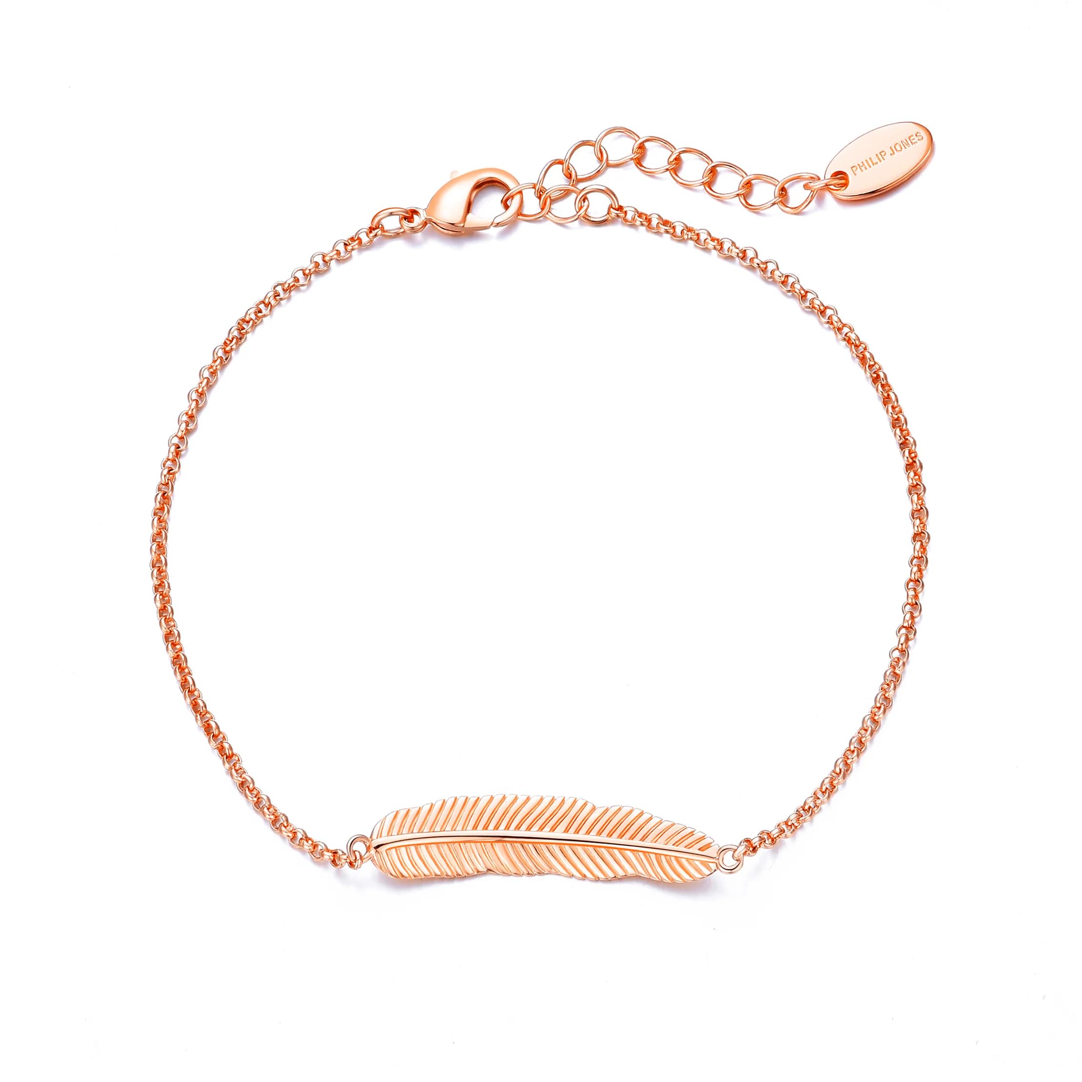 Philip Jones Rose Gold Plated Feather Bracelet for Women - Elegant Adjustable Bangle Jewelry Gift for Birthday, Anniversary & Special Occasions