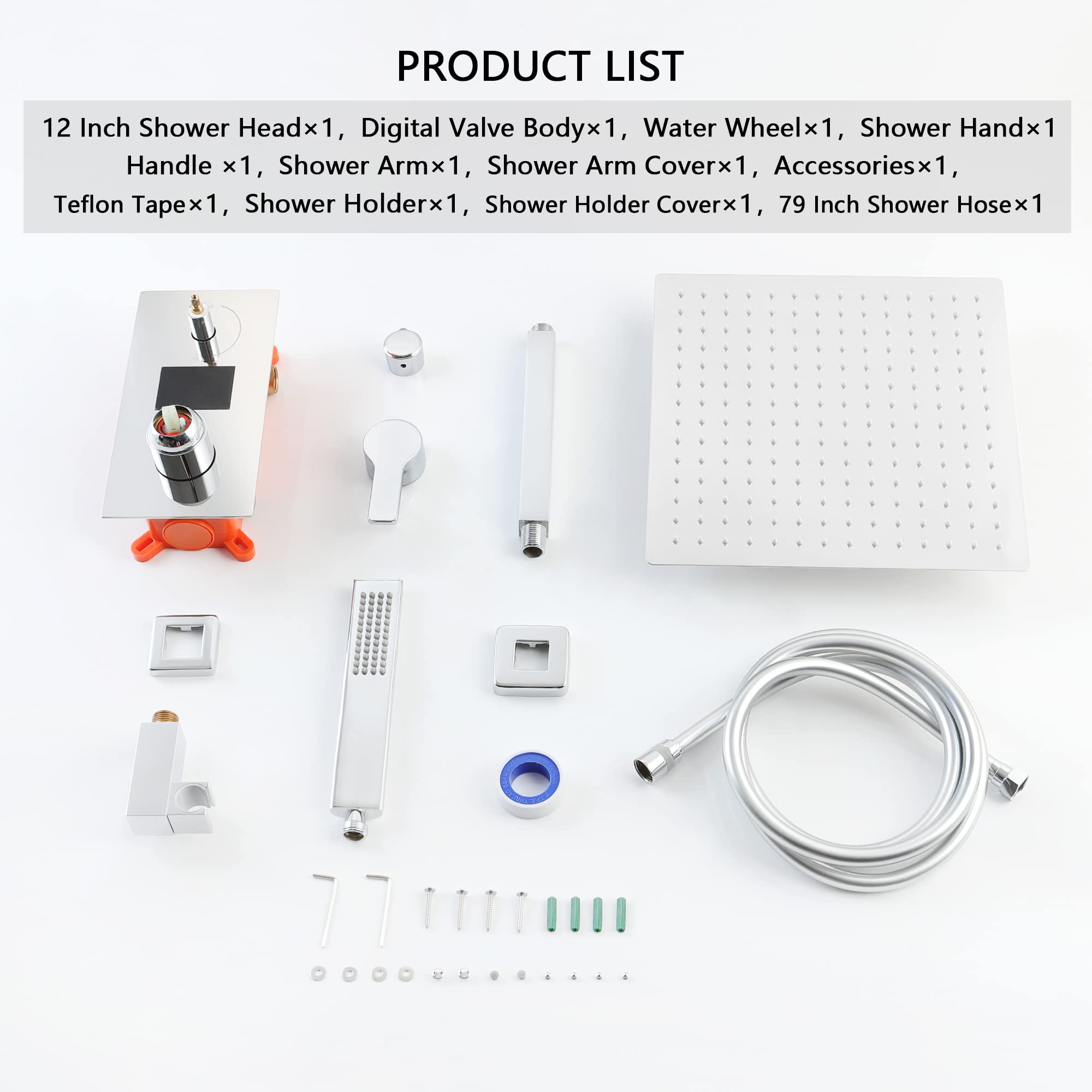SKWOLL Polished Chrome Shower Faucet Set - 12 Inch Ceiling Mount Rain Shower Head with Digital LCD Display & 2-Function Valve Kit | Modern Bathroom Upgrade for Luxury Spa Experience