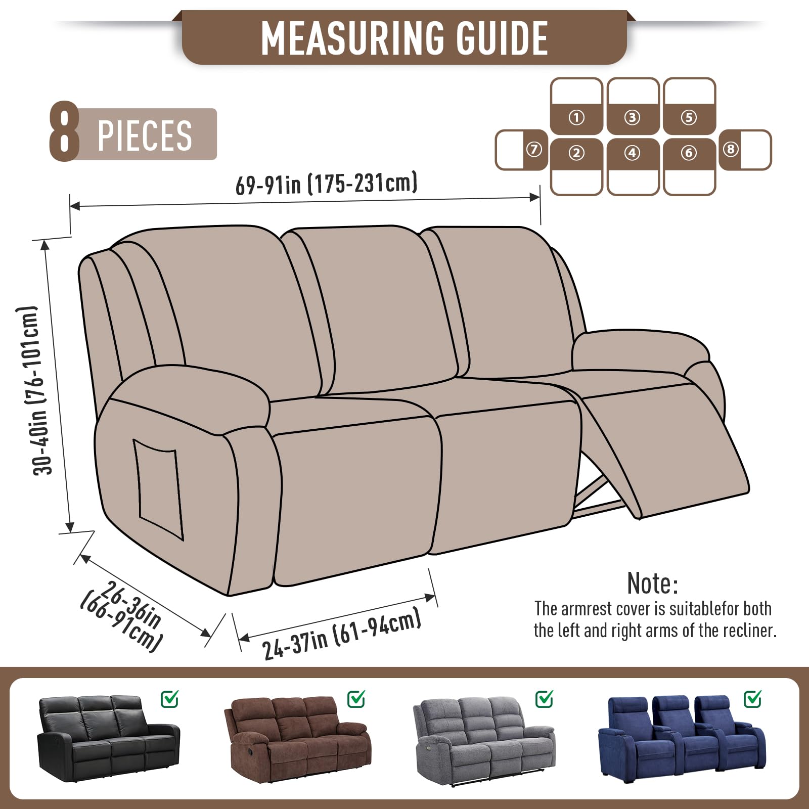 TAOCOO 8-Piece Stretch Recliner Sofa Cover Set - Soft Jacquard Fabric Couch Slipcover for 3-Seater Reclining Sofas, Furniture Protector (Khaki) | Perfect for Living Room, Home Theater & Family Gatherings