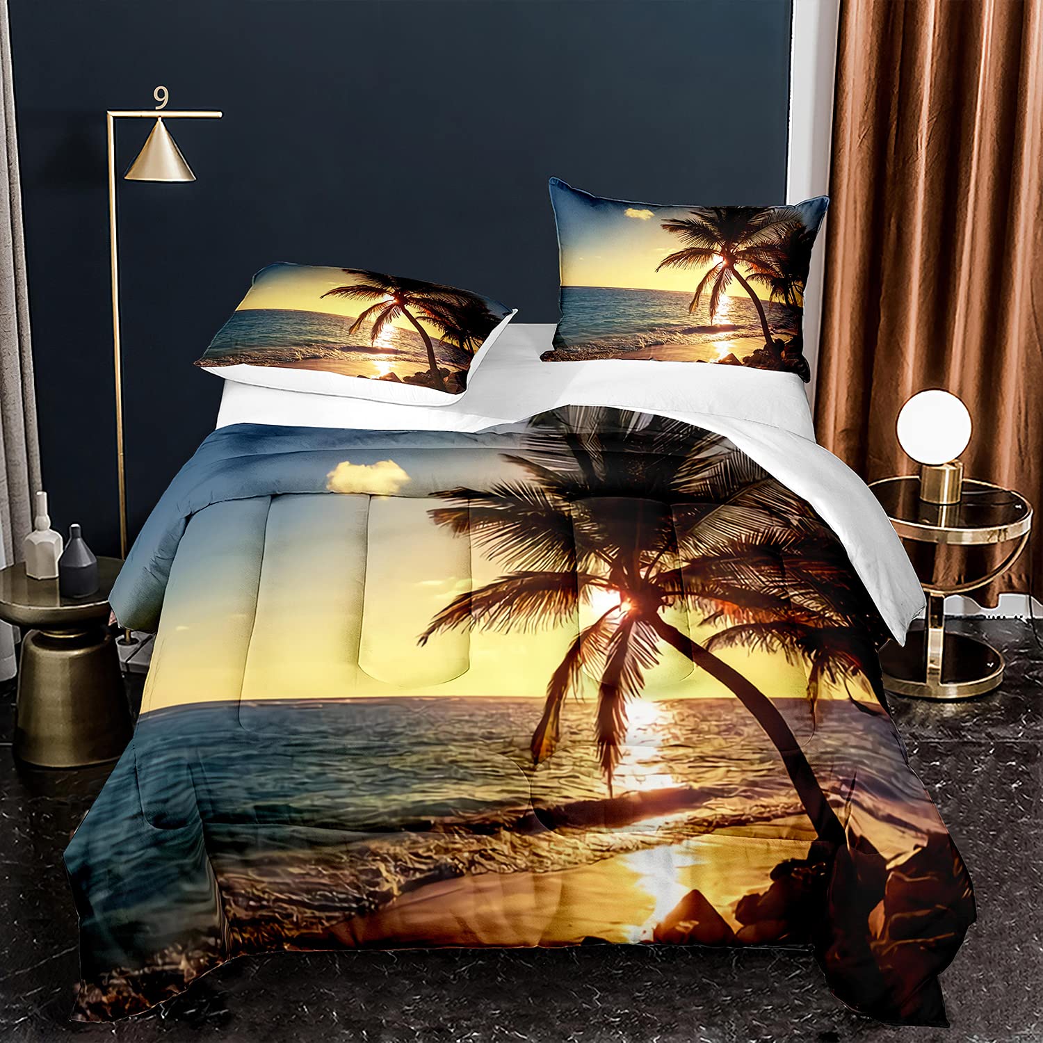 Ocean Palm Tree Comforter Set Twin Size 2-Piece - Tropical Beach Sunset Scenery Bedding for Coastal Decor (1 Comforter + 1 Pillow Sham) - Perfect for Beach House, Vacation Rental & Boho Bedroom Themes
