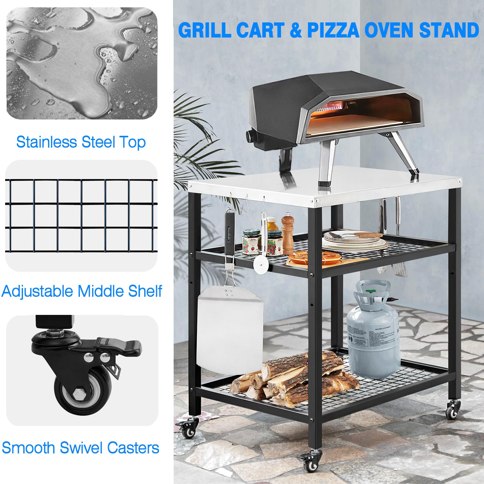 **Stainless Steel Outdoor Pizza Oven Stand with Wheels - 80x60x90cm BBQ Grill Cart for Kitchen, Patio, Backyard & Garden - Perfect for Pizza Making, Food Prep & Outdoor Dining**