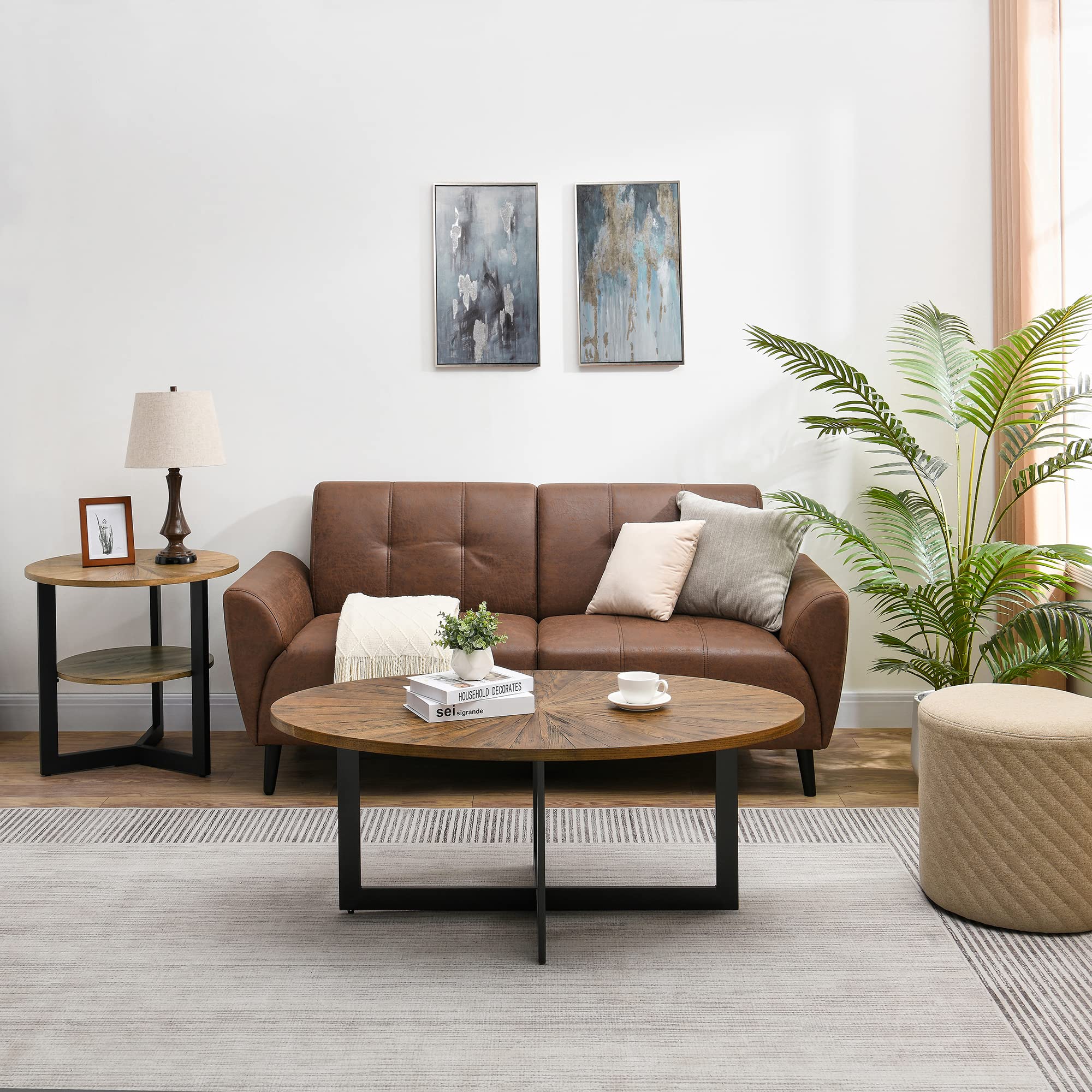 Solid Wood Oval Coffee Table with Cross Metal Legs - 47.9