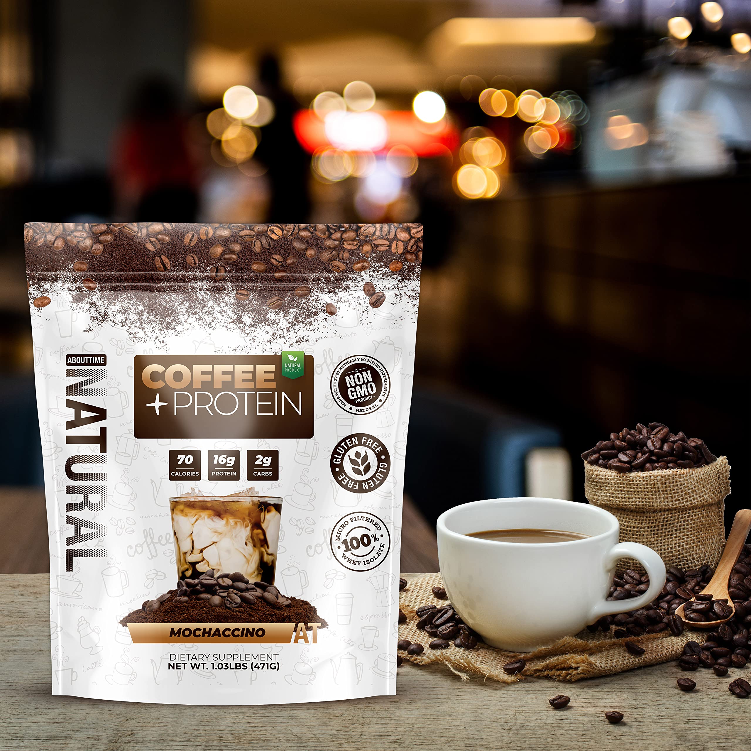 About Time Coffee + Whey Protein Powder | Non-GMO, All Natural, Lactose & Gluten Free | 16g Protein Per Serving | 1.03lb Jar, Coffee Mochaccino Flavor | Perfect for Post-Workout Recovery & Morning Energy Boost