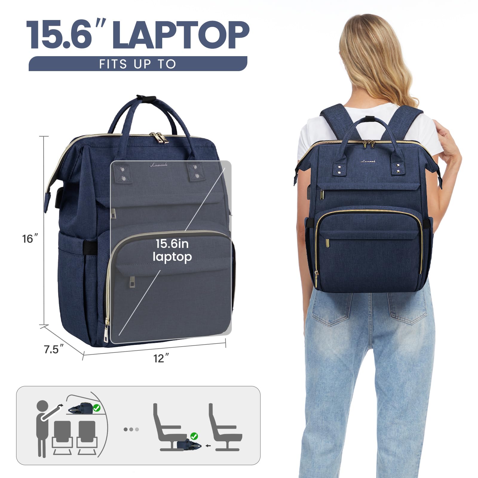 LOVEVOOK 15.6 Inch Laptop Backpack for Women - Waterproof USB Charging Port Professional Work Backpack - Perfect for Travel, Nursing, Teaching & College - Dark Blue Computer Bag for Daily Commute & Business Trips