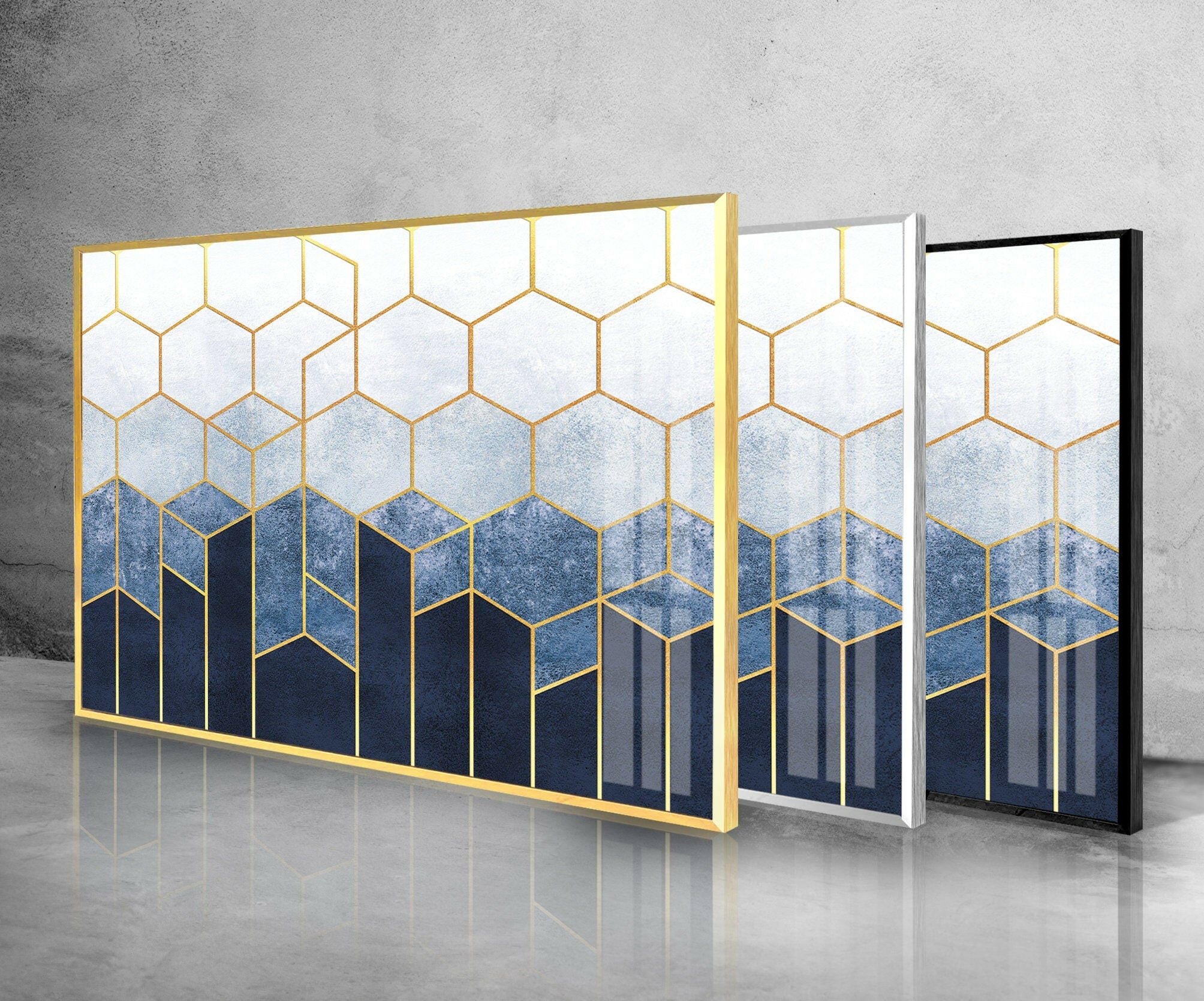 Blue Hexagons Abstract Glass Wall Art - Modern Geometric Home Decor for Living Room, Bedroom & Office