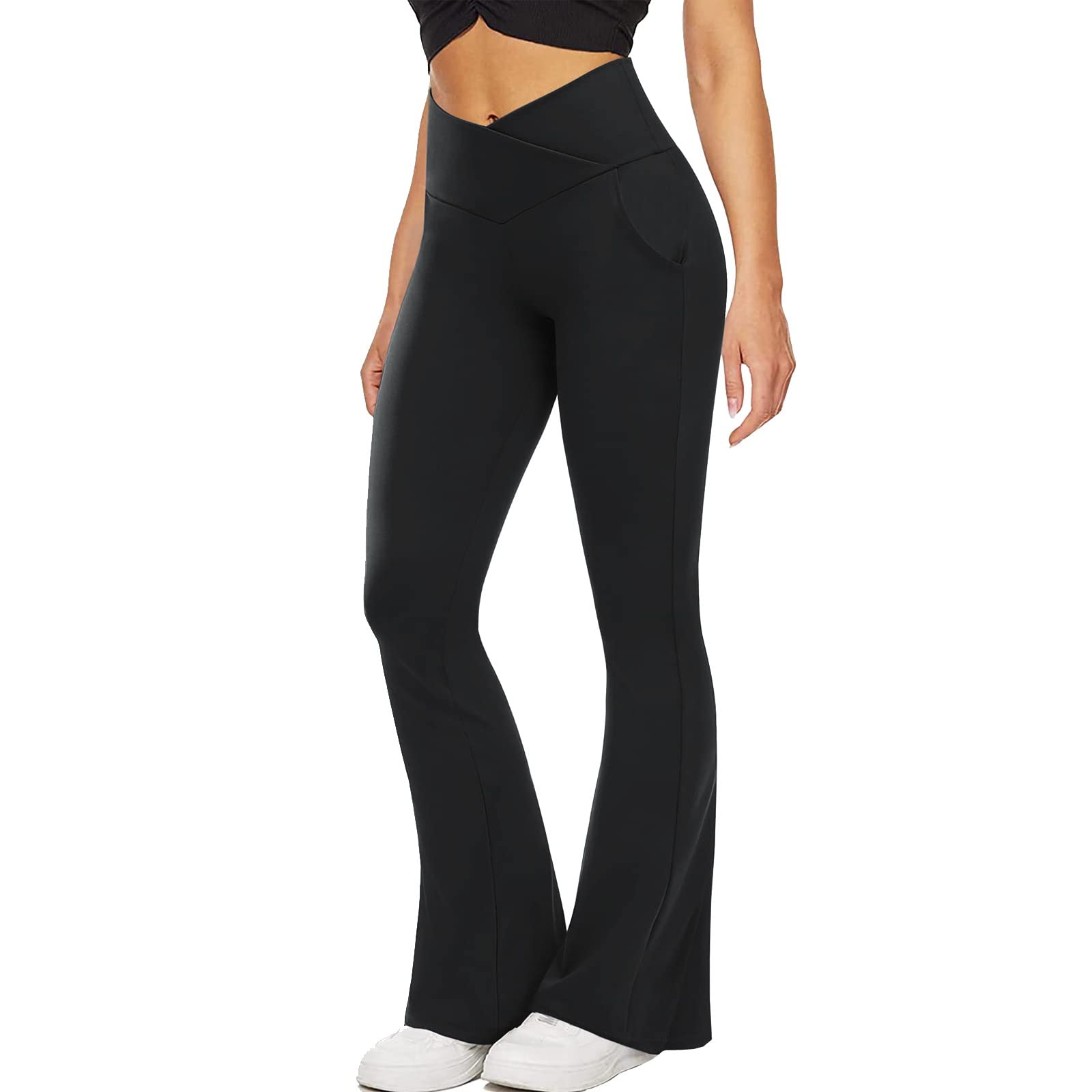 Women's High Waist Crossover Yoga Pants - Solid Color Workout Leggings with Pockets | Stretchy Athletic Pants for Yoga, Gym, Running & Everyday Wear