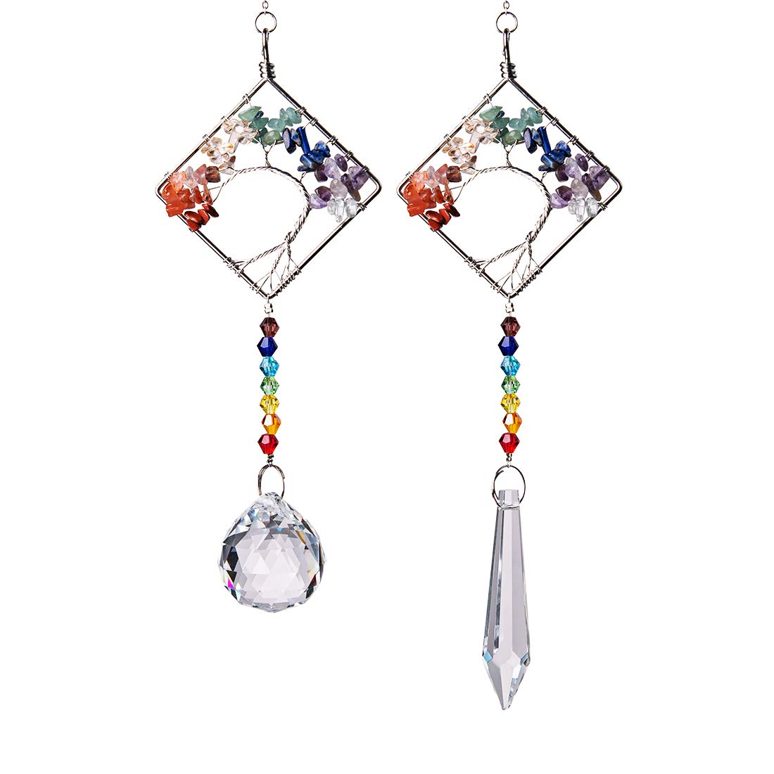 LONGSHENG Chakra Stone Life Tree Suncatcher Set of 2 - Handmade Crystal Glass Ornament for Home Decor, Rainbow Maker & Feng Shui Gift | Perfect for Meditation Rooms, Yoga Studios & Spiritual Spaces (Since 2001)