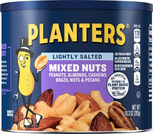 Planters Lightly Salted Mixed Nuts - 10.3 oz Canister - Premium Snack Mix with Almonds, Cashews & Pistachios - Perfect for Office Snacks, Healthy Travel Food & Party Mix