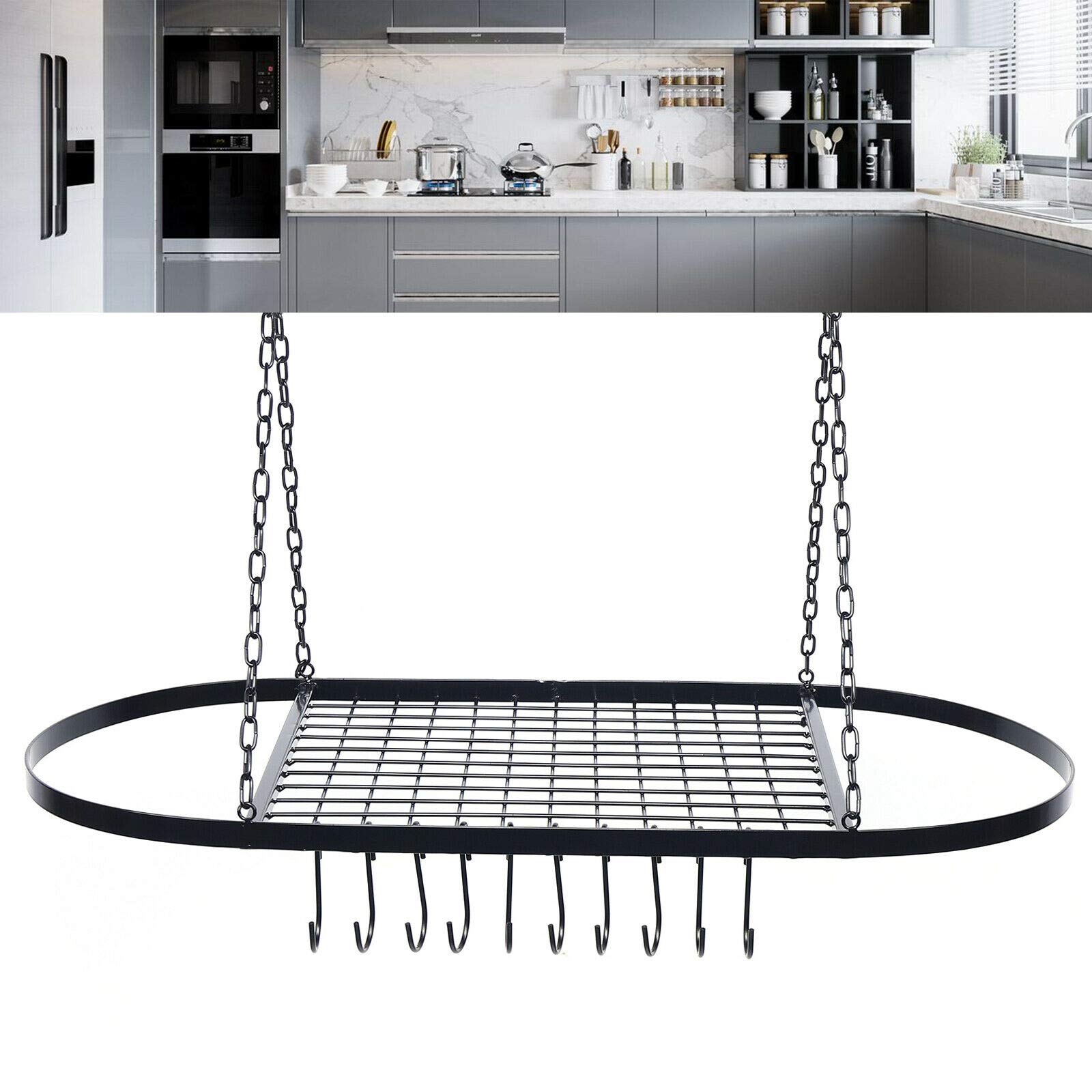 Sturdy Ceiling Mount Hanging Pot Rack with Hooks - Oval Decorative Kitchen Organizer for Cookware & Utensils Storage - Perfect for Home, Restaurant & Commercial Kitchens - Space-Saving Solution for Pots, Pans & Cooking Tools