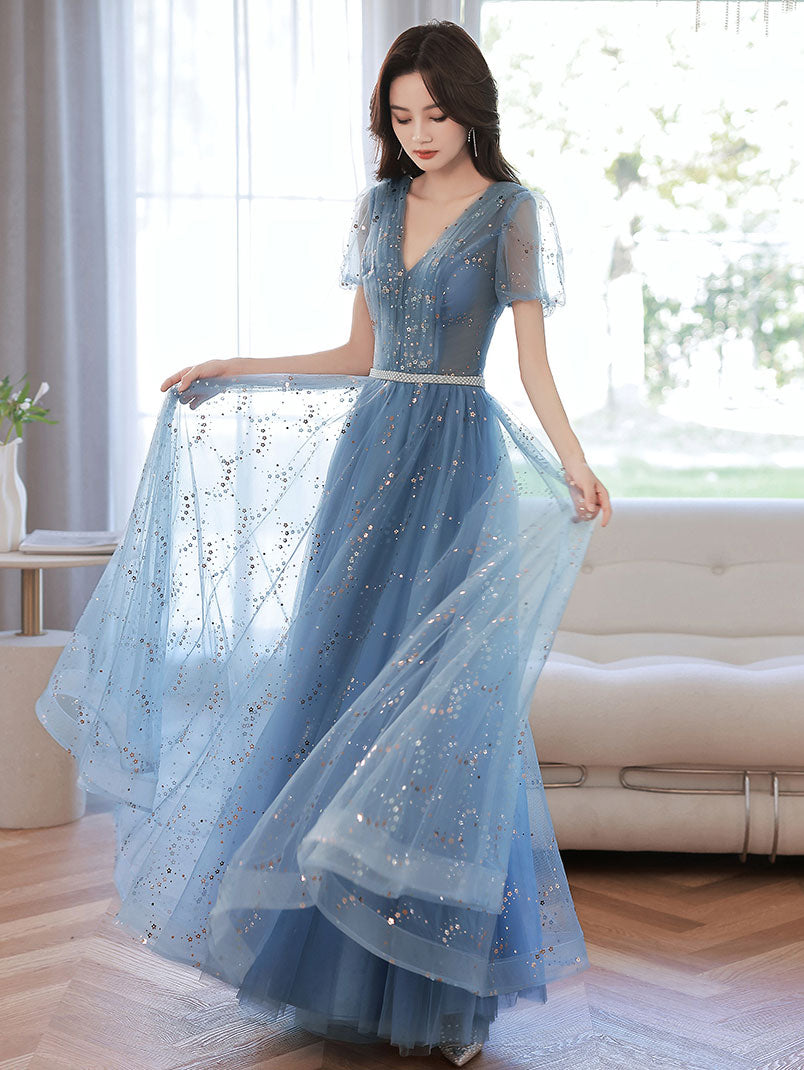 Elegant Blue V-Neck Tulle Tea Length Prom Dress | Formal Evening Gown for Women | Perfect for Homecoming, Prom Night & Special Occasions