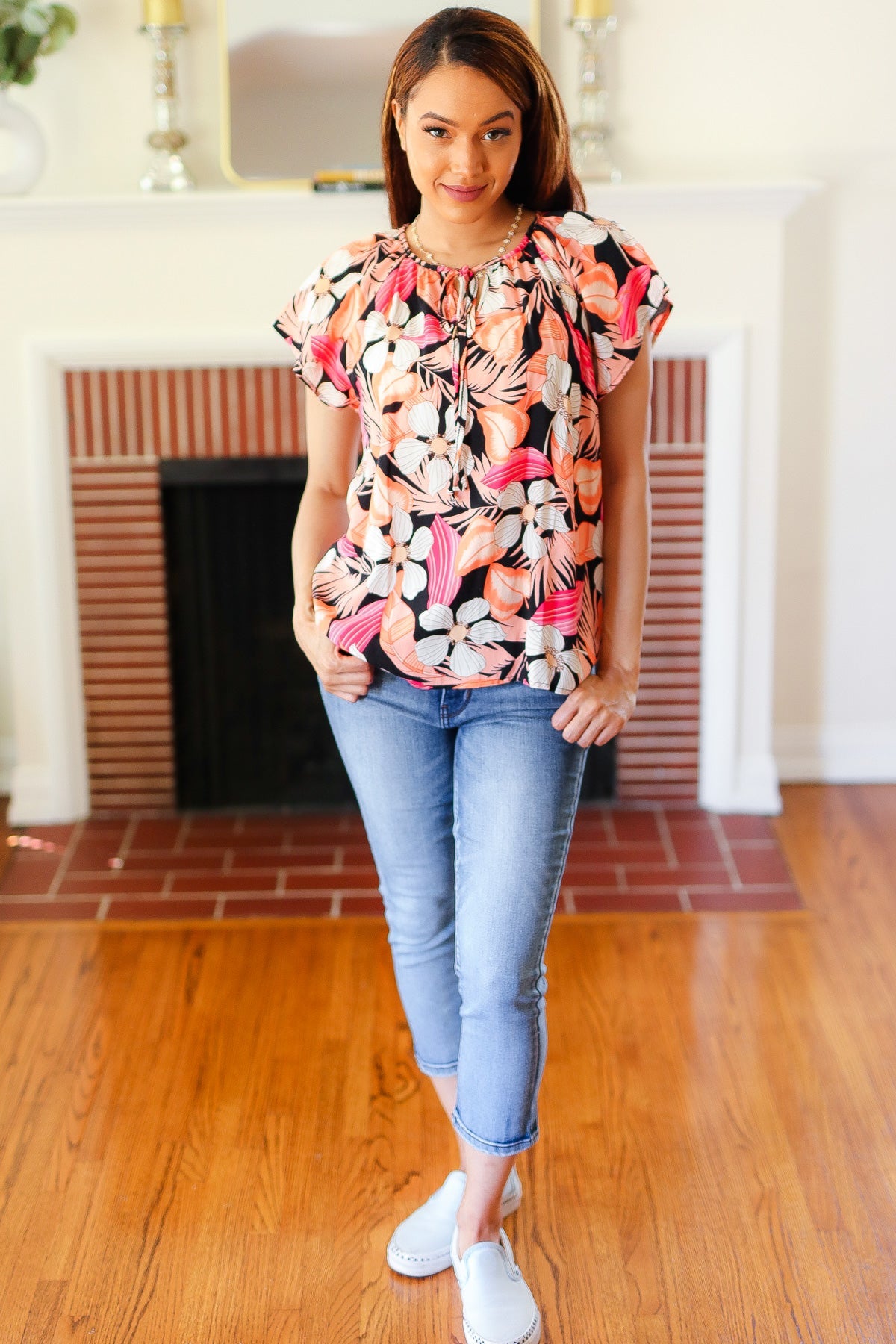 Stylish Peach Tropical Floral Tie Neck Raglan Top for Women - Perfect for Summer Outfits, Beach Vacations & Casual Wear