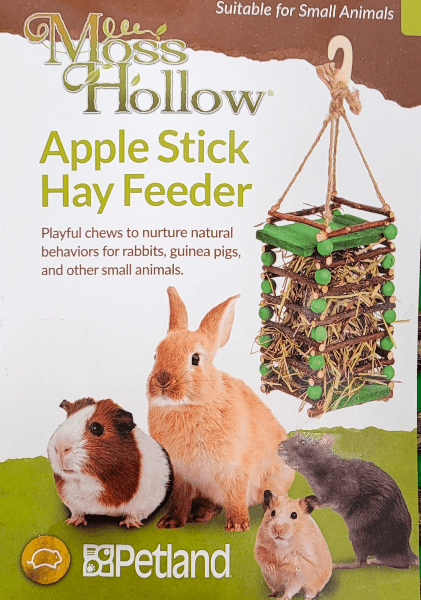 Natural Moss Hollow Apple Stick Hay Feeder for Small Pets - Chew Toy & Foraging Activity for Rabbits, Guinea Pigs & Hamsters - Perfect for Cage Enrichment & Dental Health