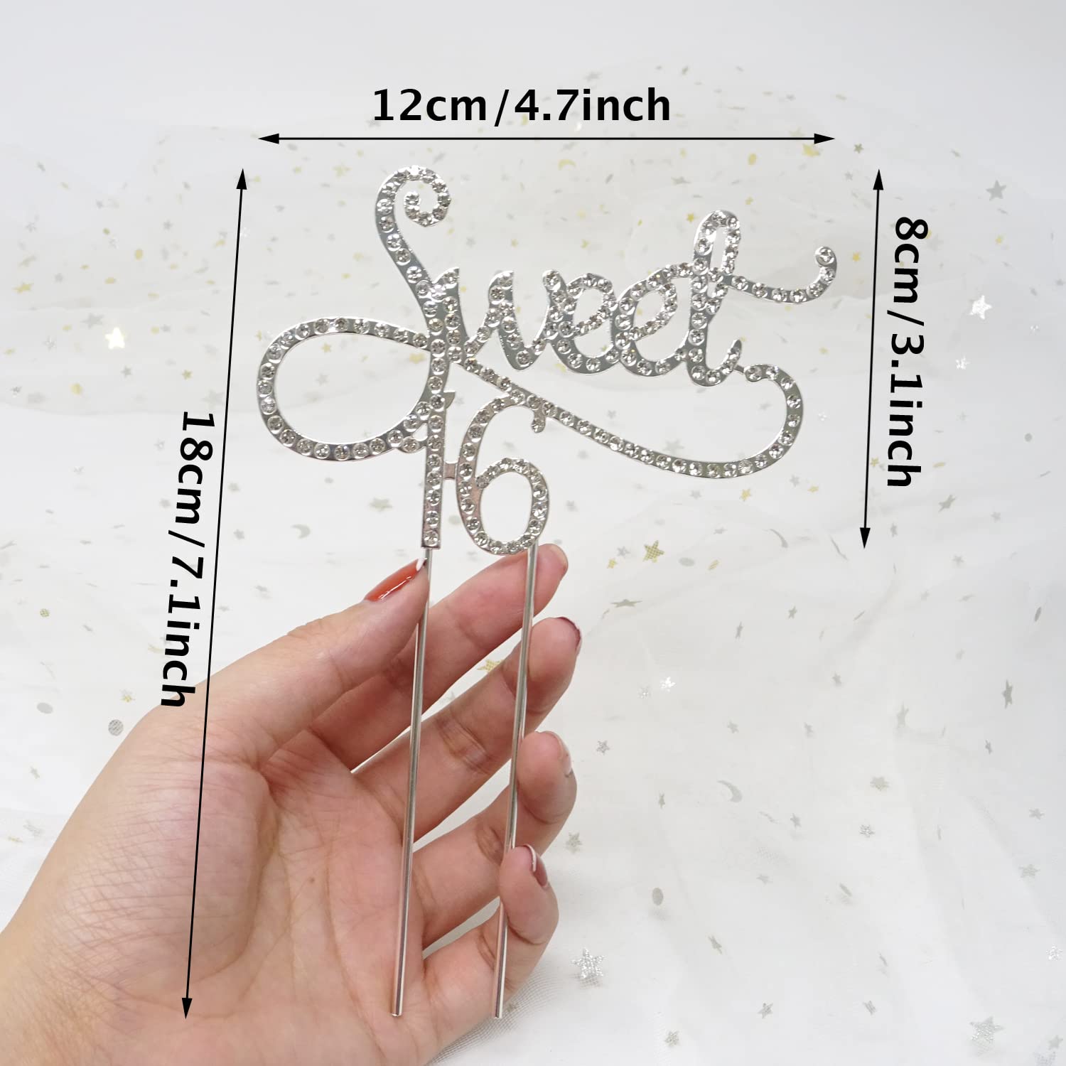 Honbay Sweet 16 Cake Topper - Premium Sparkly Crystal Rhinestone Birthday Cake Decoration for 16th Birthday Party (Silver) | Perfect for Quinceañera, Sweet Sixteen Celebrations & Milestone Birthday Cakes