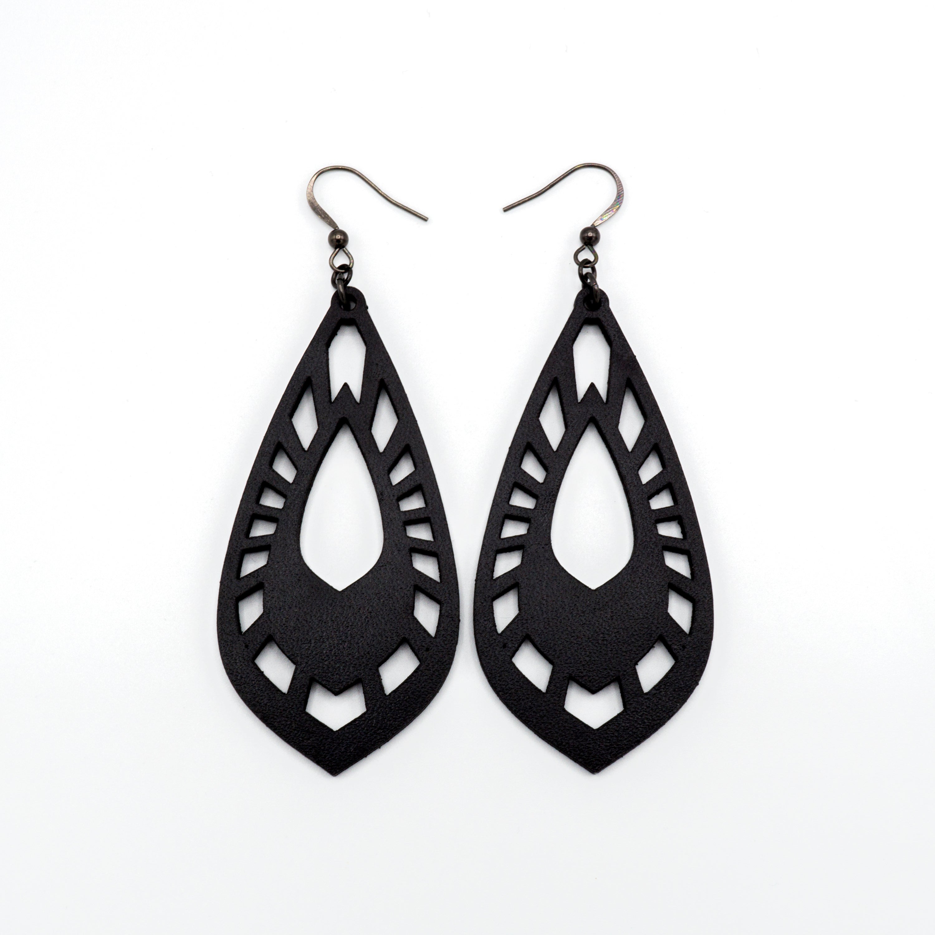 Gem Point 05 [L] Black Leather Earrings for Women - Boho Chic Handmade Dangle Drop Earrings for Casual Wear, Parties & Special Occasions