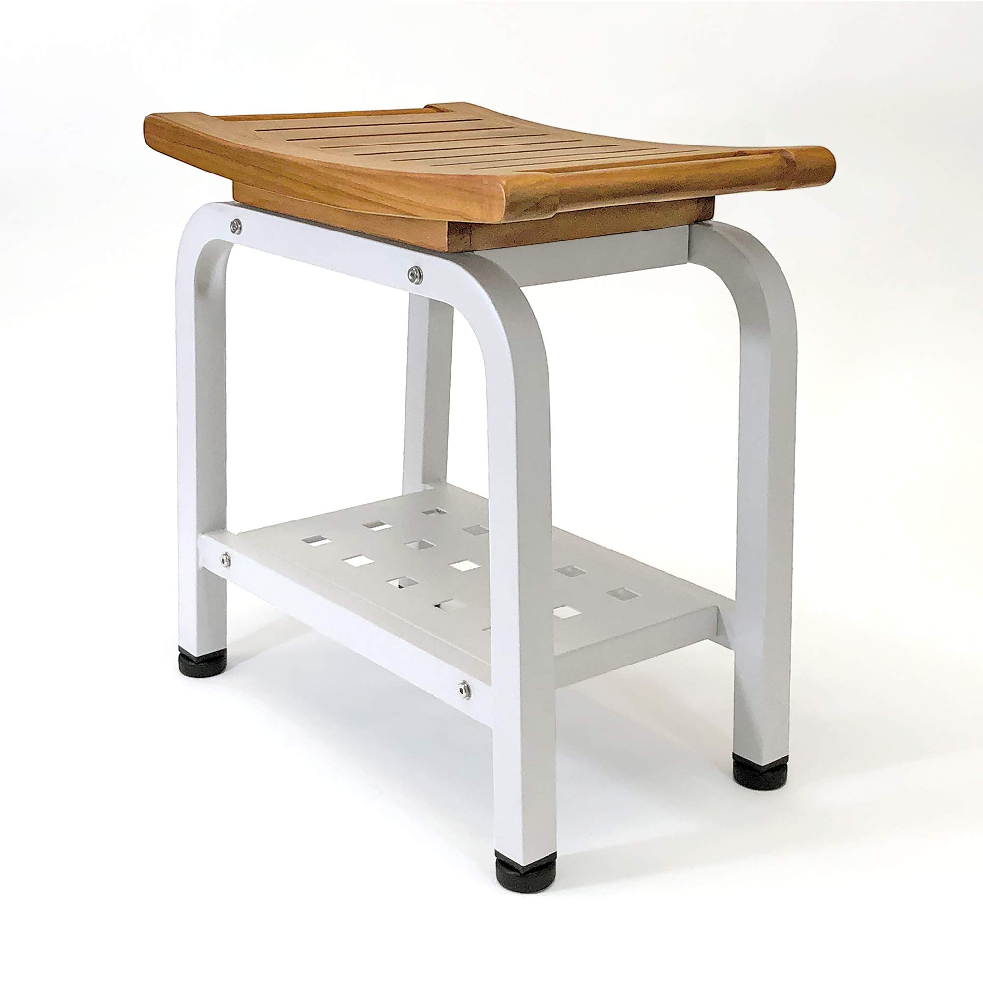Premium Teak & Aluminum Indoor/Outdoor Shower Bench with Storage Shelf - Adjustable TPR Feet - Spa & Patio Stool - Anthology Collection B104/GRY (Light Gray) - Perfect for Bathroom, Poolside & Garden Relaxation