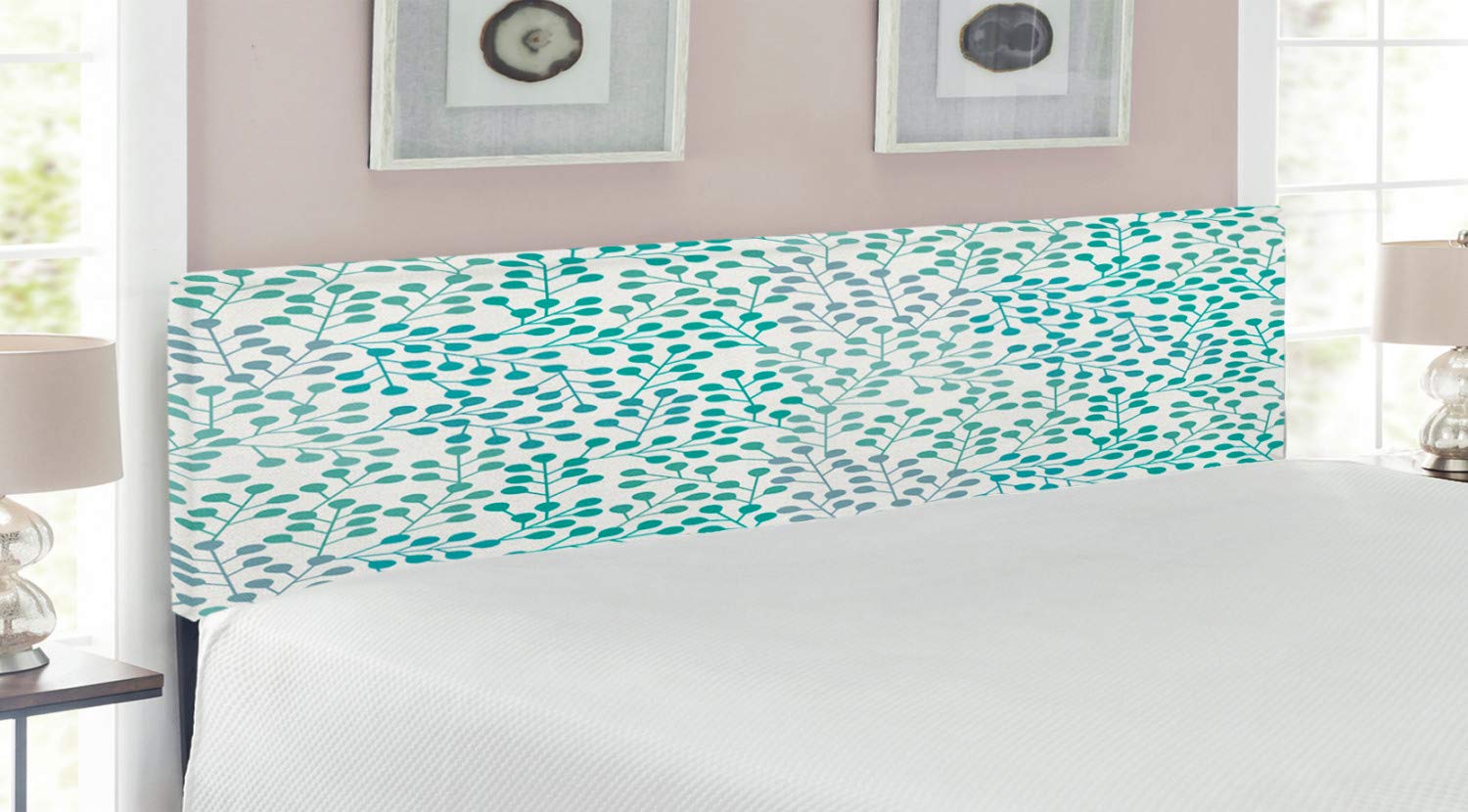 Ambesonne Romantic Minimalist Upholstered Headboard - King Size Teal Slate Blue with Memory Foam | Vintage Branch Artwork Metal Bed Frame | Perfect for Master Bedroom, Guest Room & Modern Home Decor