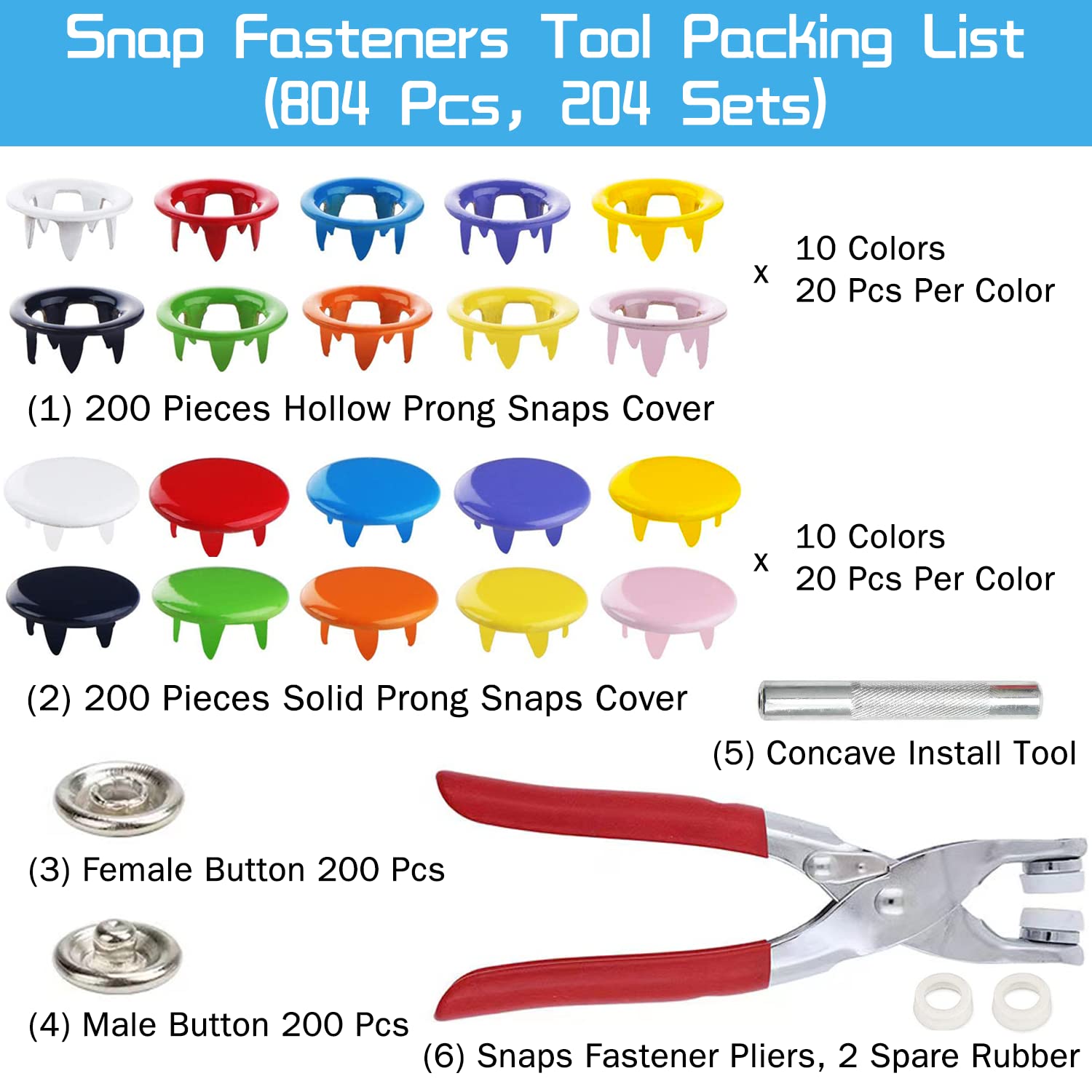 804-Piece Snap Fasteners Kit with Press Tool & Pliers - 10 Colors (0.39 Inch) for DIY Sewing, Clothing, Rompers, Bibs & Crafts - Perfect for Garment Repair, Baby Clothes & Handmade Accessories