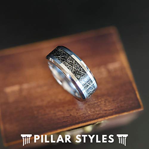 Black Tungsten Carbide Meteorite Ring for Men - 8mm Polished Silver Wedding Band with Beveled Edges & Comfort Fit - Unique Anniversary Gift for Him - Perfect for Weddings, Engagements & Special Occasions