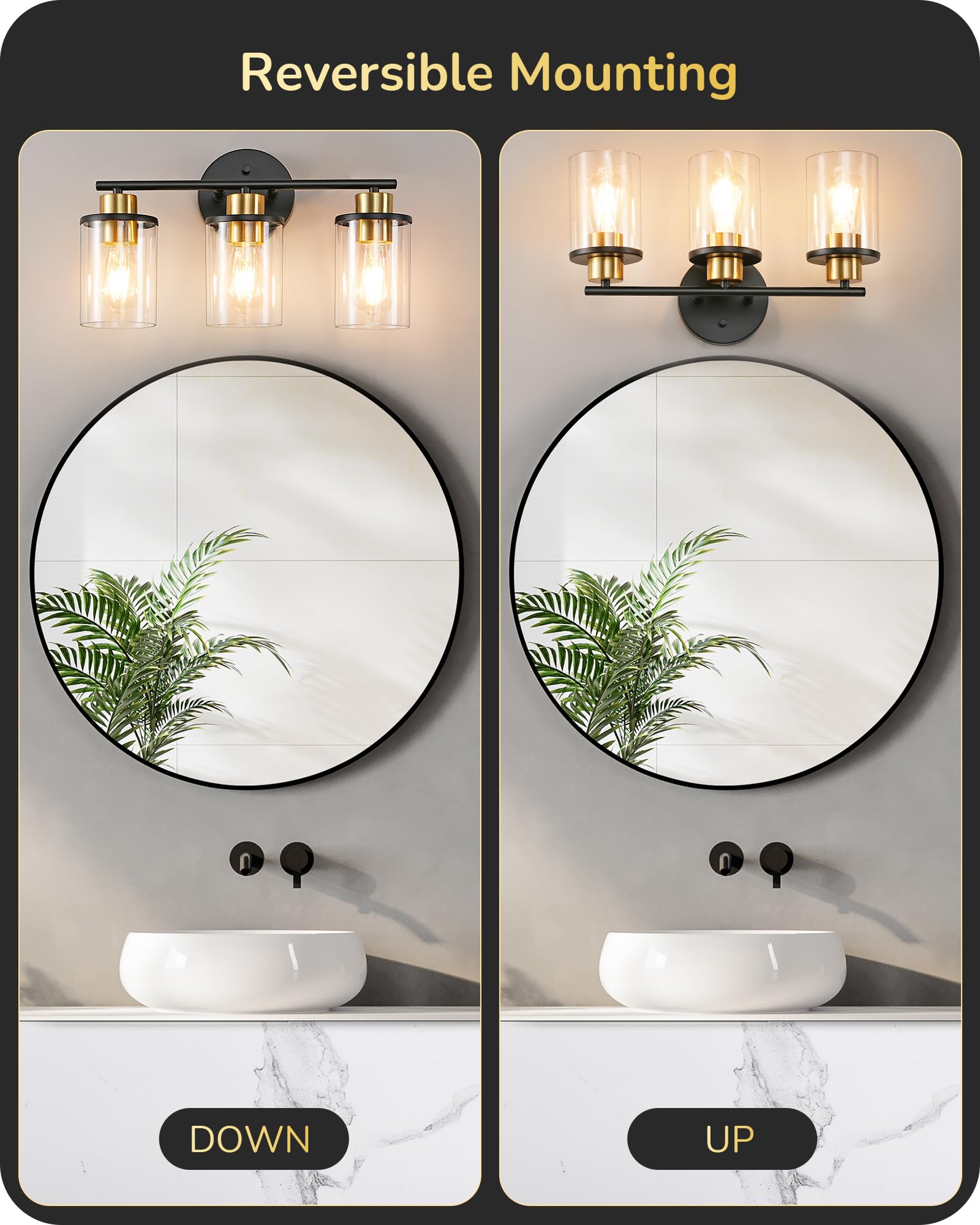 Modern 3-Light Bathroom Vanity Lighting Fixture - Black & Gold Wall Sconce with Clear Glass Shade for Bathroom Mirror, Powder Room, Vanity Table & Kitchen Decor | Perfect for Makeup Application & Ambient Lighting