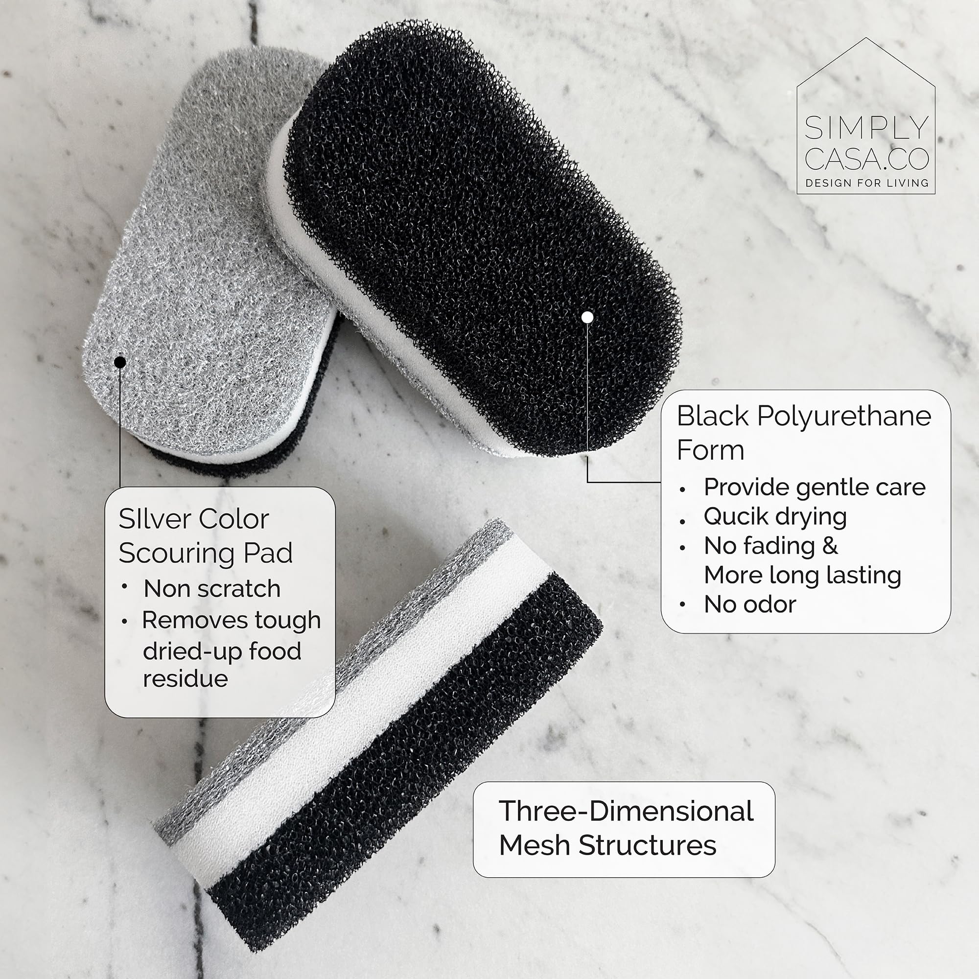 Premium Non-Scratch Kitchen Sponges (6-Pack) - Fast Drying, Reusable Dish Scrubbers for Pots, Pans & Utensils - Gentle Yet Effective Cleaning for Delicate Surfaces - Stylish Black & White Design - Perfect for Daily Dishwashing & Household Cleaning
