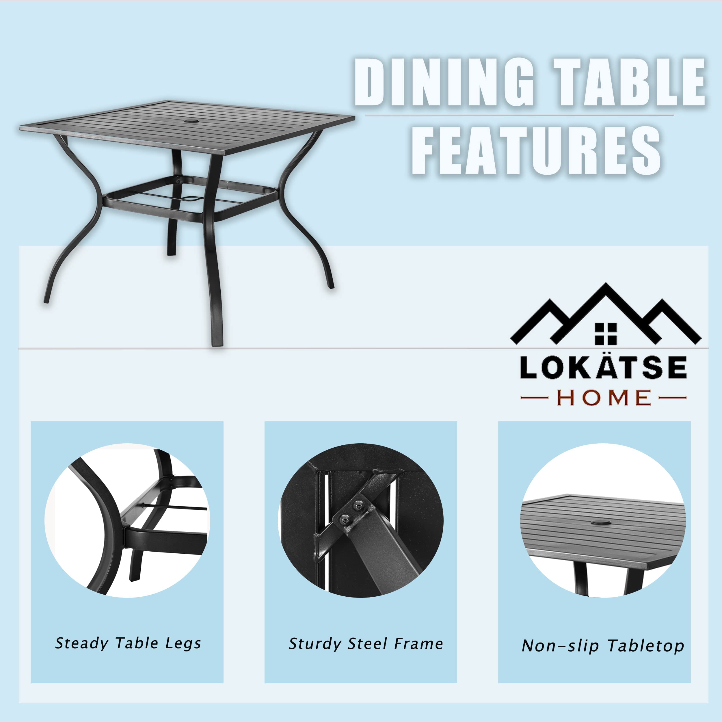 LOKATSE HOME 37 Inch Square Outdoor Patio Dining Table with Umbrella Hole - Durable Metal Steel Frame in Black - Perfect for Backyard, Garden, Poolside & BBQ Parties