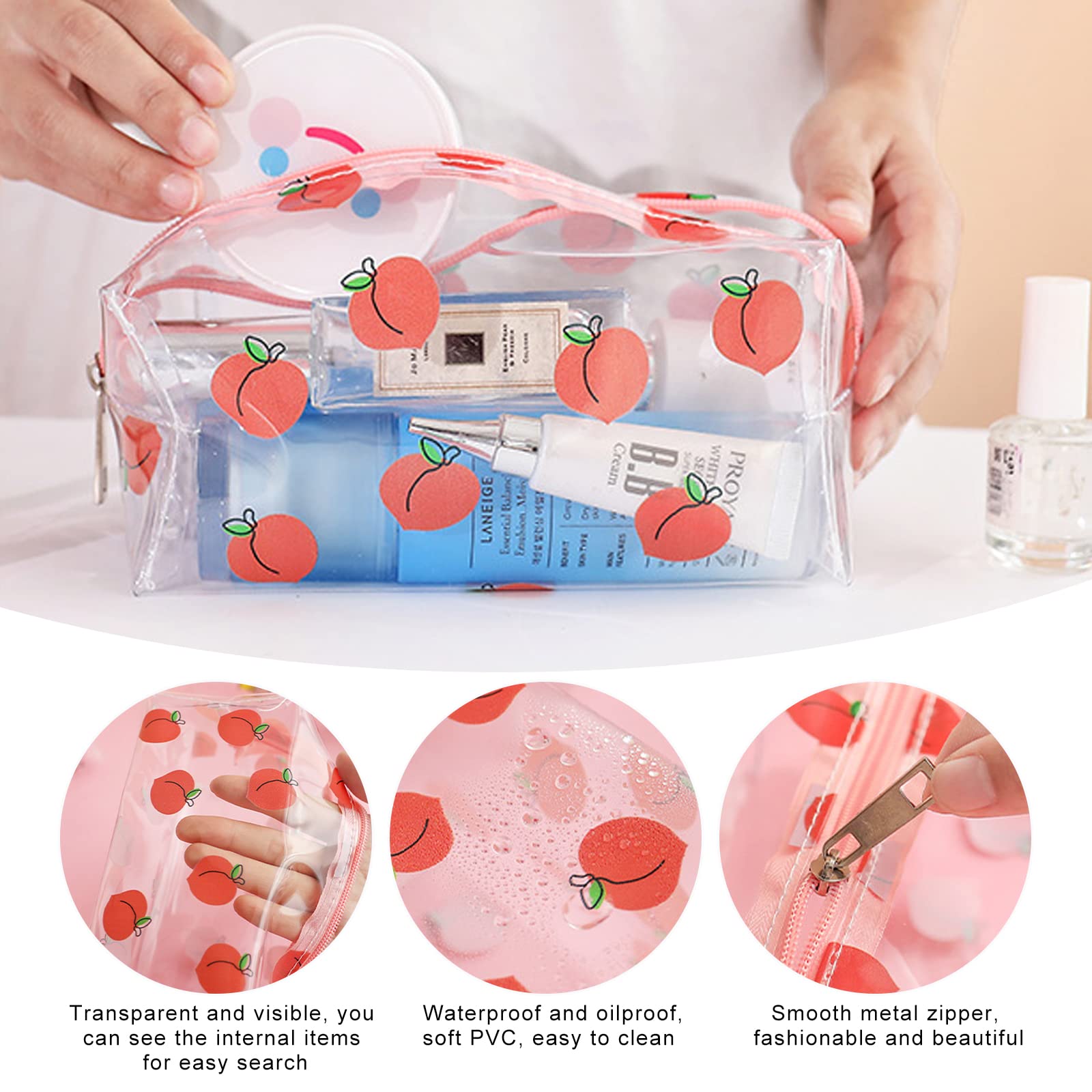 Cute Kawaii Clear Makeup Bag Organizer - Large Capacity Zippered Cosmetic Pouch, Cartoon Toiletry Storage Case for Women, 3-Pack Transparent Travel & Office Essentials (Fruit Design) - Perfect for Travel, Gym, and Daily Beauty Organization