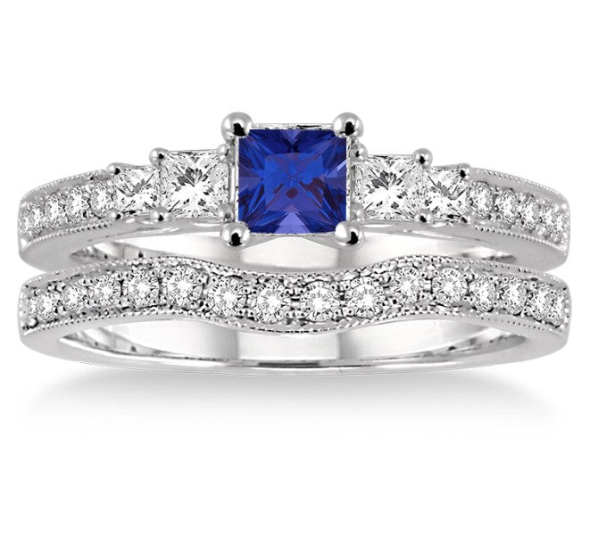 1.5 Carat Vintage Sapphire & Moissanite Halo Engagement Ring Set in 10K White Gold - Perfect for Bridal Jewelry, Wedding Bands, and Anniversary Gifts