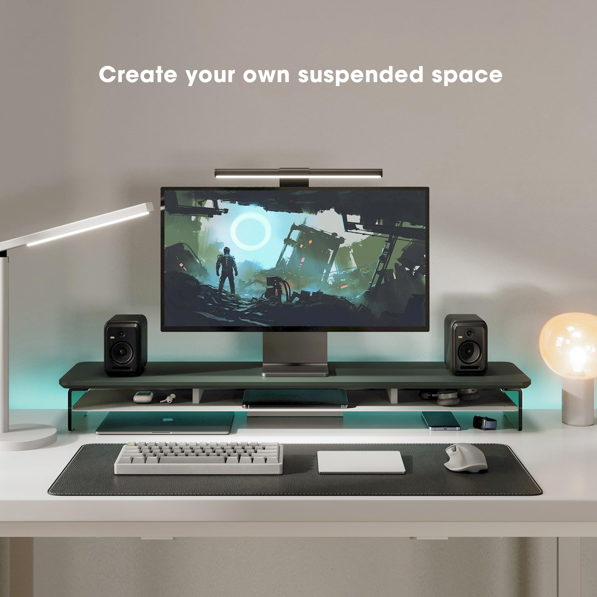 FENGE 2-Tier Acrylic Dual Monitor Stand Riser - 42.5 Inch Wide Computer Monitor Shelf with Storage Organizer for Home Office Desk - Compatible with Laptop, PC, TV (Green) - Perfect for Workspace Organization & Multi-Screen Setup