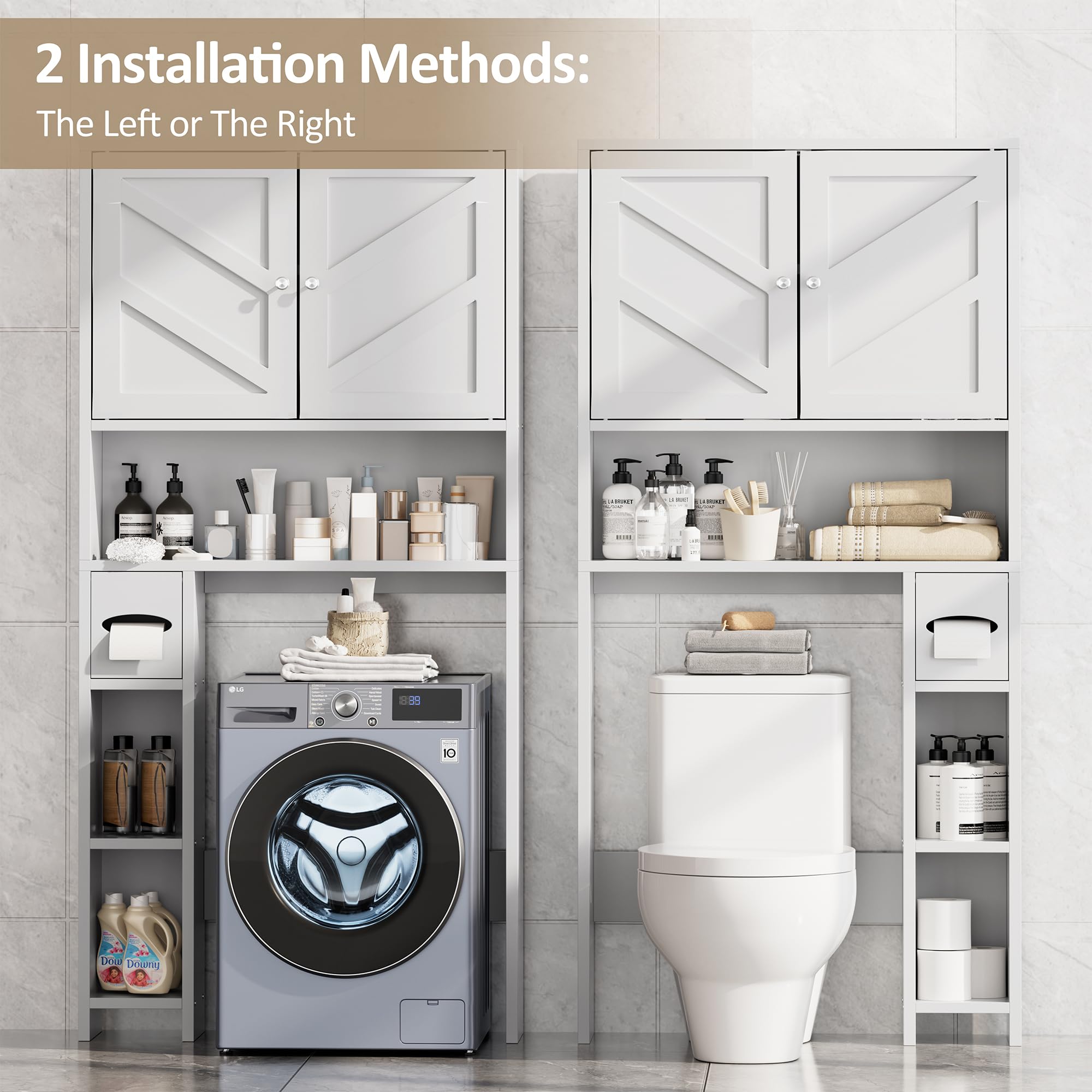 Meilocar Over The Toilet Storage Cabinet - Farmhouse Style Bathroom Organizer with Adjustable Shelf & Toilet Paper Holder | Freestanding Space Saver for Small Bathrooms | Perfect for Toilet Paper, Towels & Bath Essentials Storage (White)