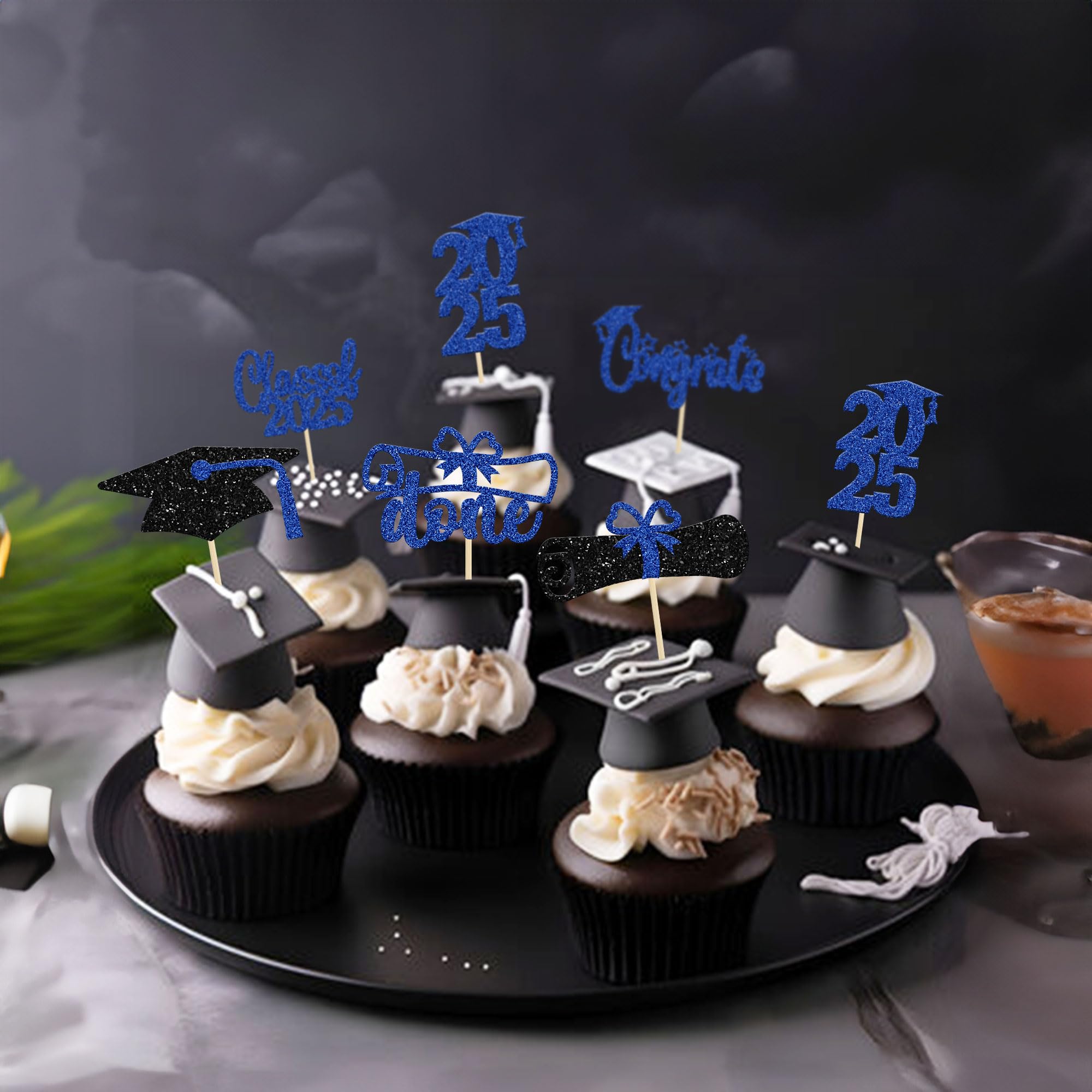 24 Pack 2025 Graduation Cupcake Toppers - Blue Glitter Congrats Class of 2025 Diploma Grad Cap Cake Decorations - Perfect for Graduation Party, School Celebration & Dessert Table Decor