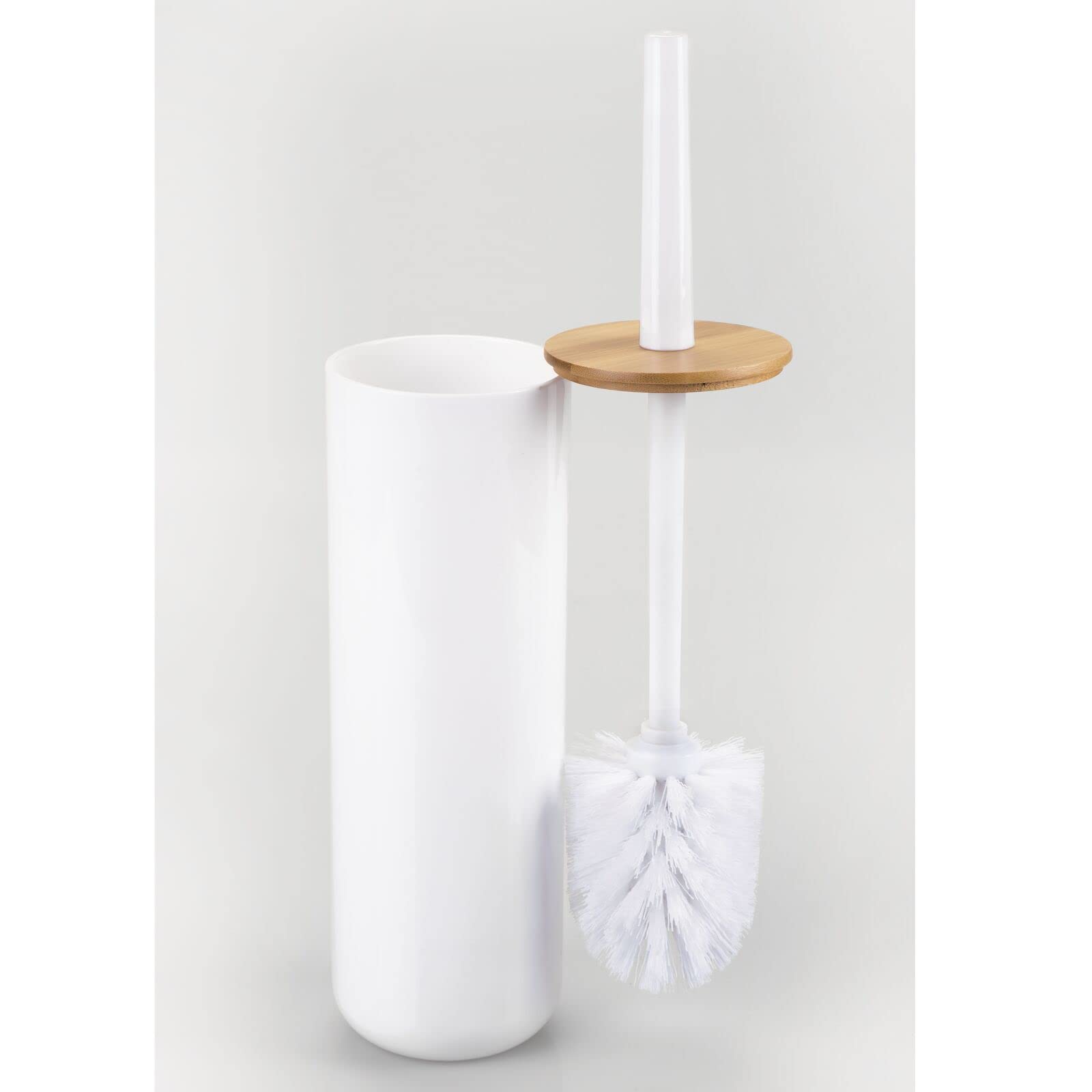 mDesign Plastic Toilet Bowl Brush with Bamboo Lid Cover - 2 Piece Bathroom Organizer Set, Natural/White - Space Saving Bathroom Storage Solution for Small Spaces & Modern Decor
