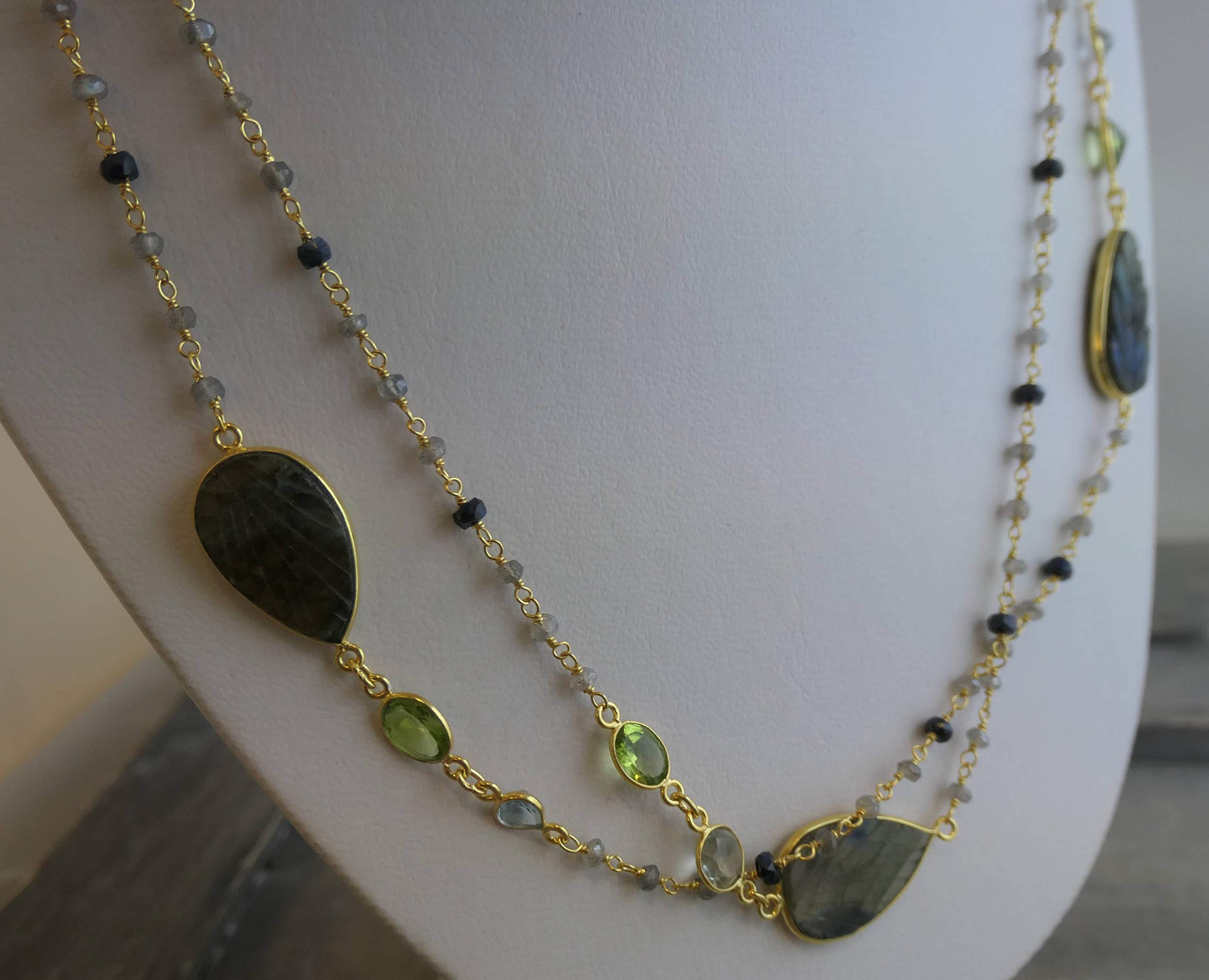 Handmade Labradorite Blue Topaz Peridot Gold Plated Sterling Silver Necklace 107cm - Natural Gemstone Jewelry for Women | Perfect Birthday, Bridal, Wedding & Mother's Day Gift - Elegant Everyday Wear & Special Occasion Accessory