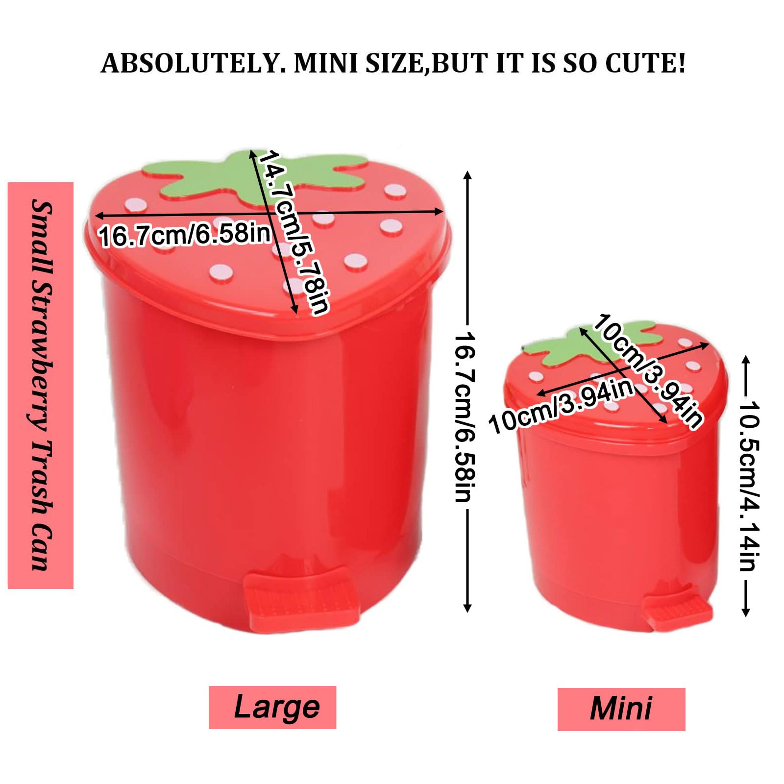 Strawberry Shaped Trash Can - 1 Gallon Cute Small Plastic Waste Bin for Bedroom, Office & Desk - Includes 0.3 Gallon Mini Garbage Can & 5 Rolls Trash Bags - Kawaii Room Decor for Girls, Dorm, Bathroom & Kitchen Organization