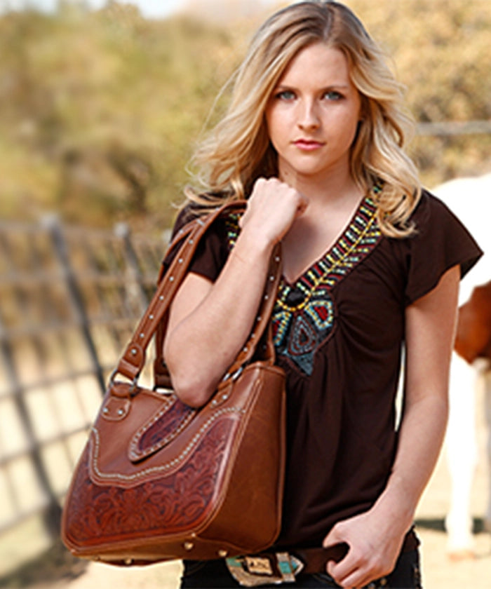Montana West Studded Leather Concealed Carry Handbag for Women - Stylish CCW Purse with Hidden Gun Pocket - Perfect for Everyday Use, Travel & Self-Defense