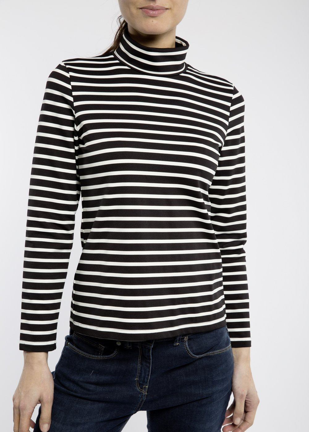 OURAL Women's Striped Turtleneck Shirt - Stretchy Long Sleeve Top in Black/Ivory - Perfect for Office Wear & Casual Outfits