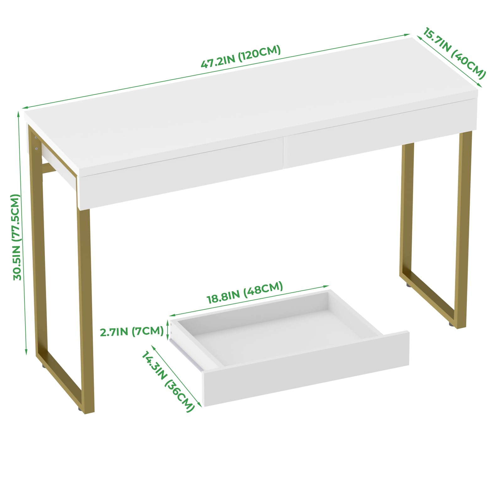 GreenForest 47-inch White Vanity Desk with 2 Drawers & Glossy Top - Gold Metal Legs Makeup Dressing Table for Small Spaces, Easy Clean Home Office & Bedroom Furniture - Perfect for Cosmetics Storage, Workstation & Beauty Routine