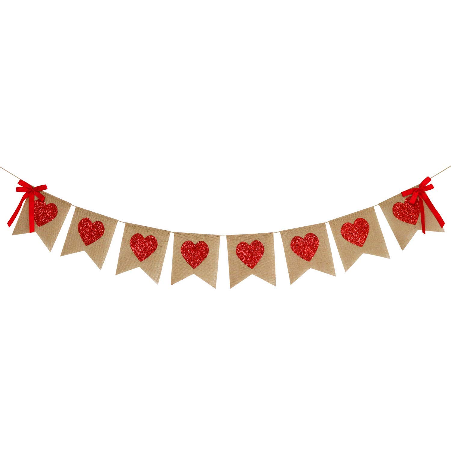 Red Glitter Heart Burlap Garland - Valentine's Day Rustic Decor for Weddings, Anniversaries & Birthday Parties | Romantic Home and Party Decoration Supplies