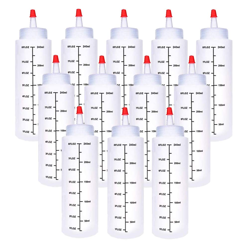 12 Pack 8 oz/240 ml Plastic Squeeze Bottles with Red Tip Cap & Black Scale - Durable Polyethylene Squirt Bottles for Ketchup, Sauces, Syrup, Dressings, BBQ | Perfect for Kitchen, Restaurants, Baking, Crafts & DIY Projects