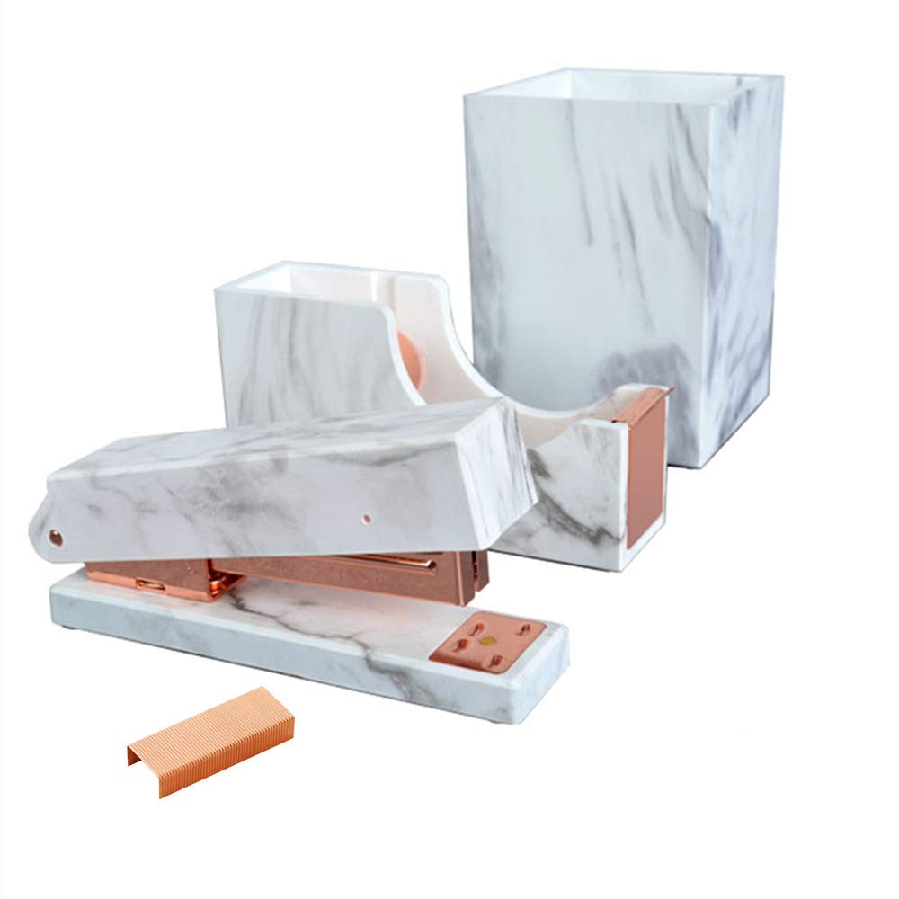 MultiBey Rose Gold & Marble White Desk Organizer Set - Stapler, Tape Dispenser, Pen Holder for Home & Office Organization | Stylish Workspace Accessories for Productivity & Decor