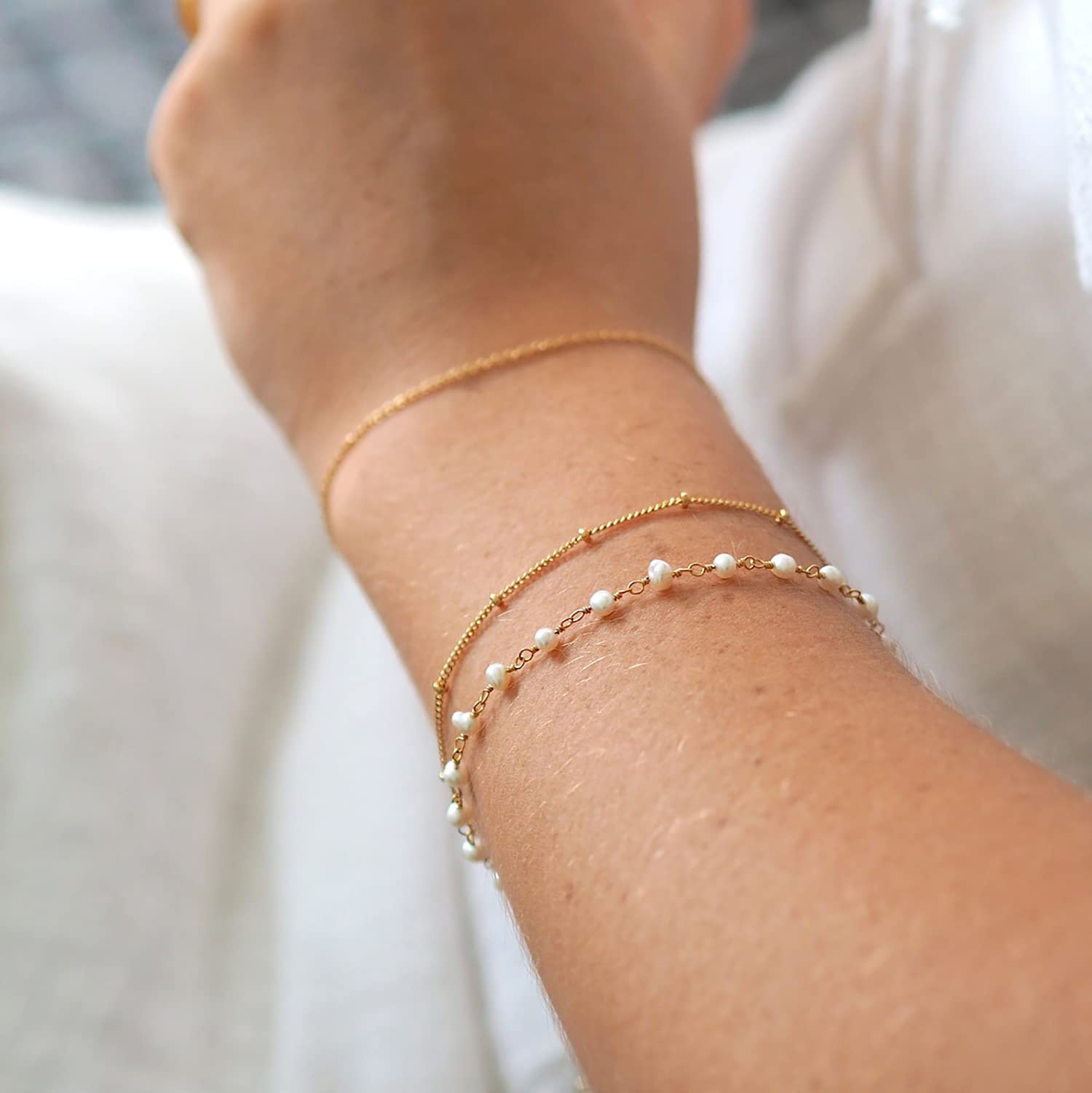 Women's Dainty Gold Chain Bracelet - Simple Layered Beaded Turquoise Bracelet with Charm Crystal Bar, Heart, Karma & Pearl Accents | Elegant Everyday Jewelry for Work, Date Night & Special Occasions
