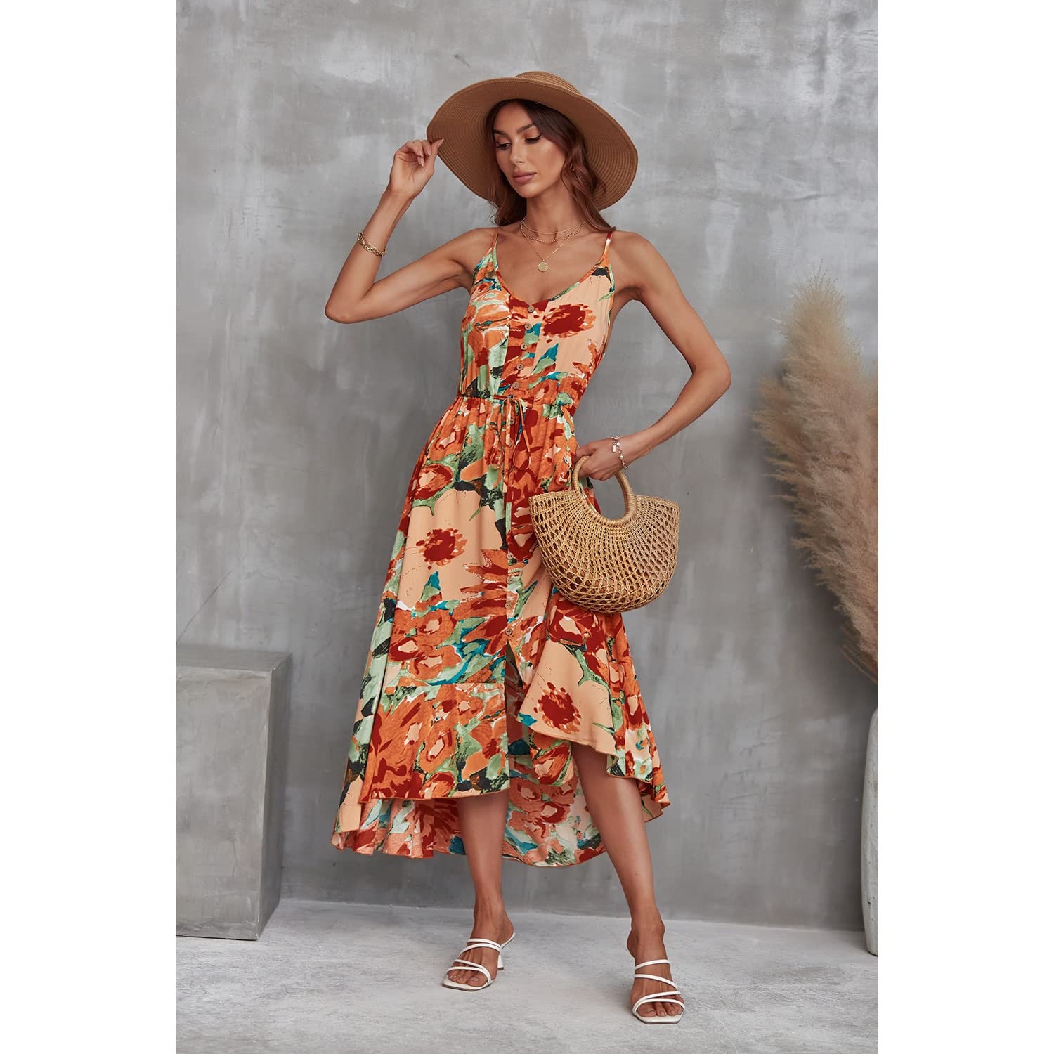 BROVAVE Women's 2025 Summer Boho Flowy Midi Dress - Polka Dot Print, Spaghetti Straps, V-Neck - Casual Beach Sundress for Vacation, Party & Outdoor Date
