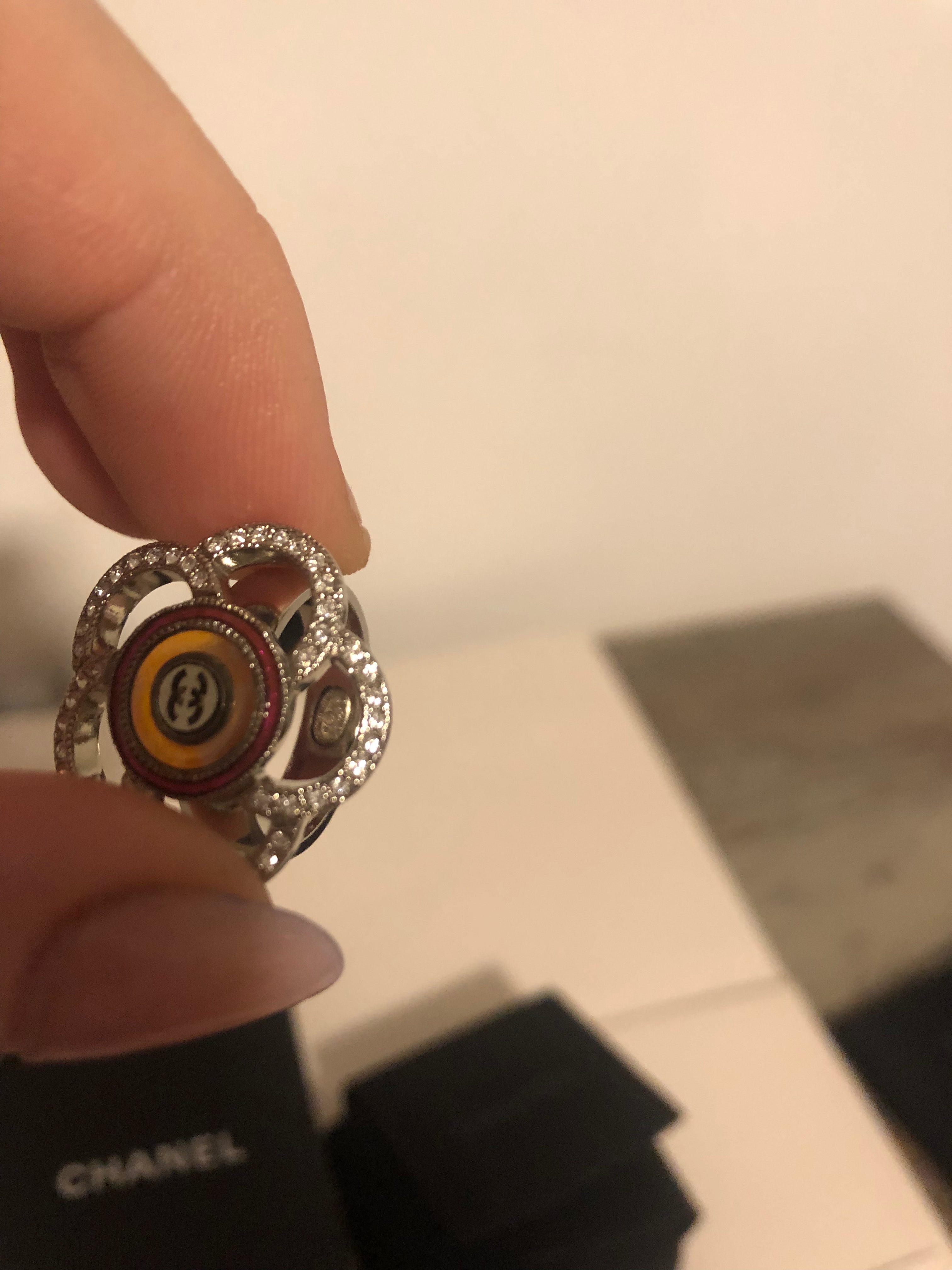 Chanel 17S 2017 Spring Summer Camellia Flower Crystal Ring Size 6.75 - Elegant Fashion Jewelry for Women, Perfect for Parties, Weddings & Special Occasions