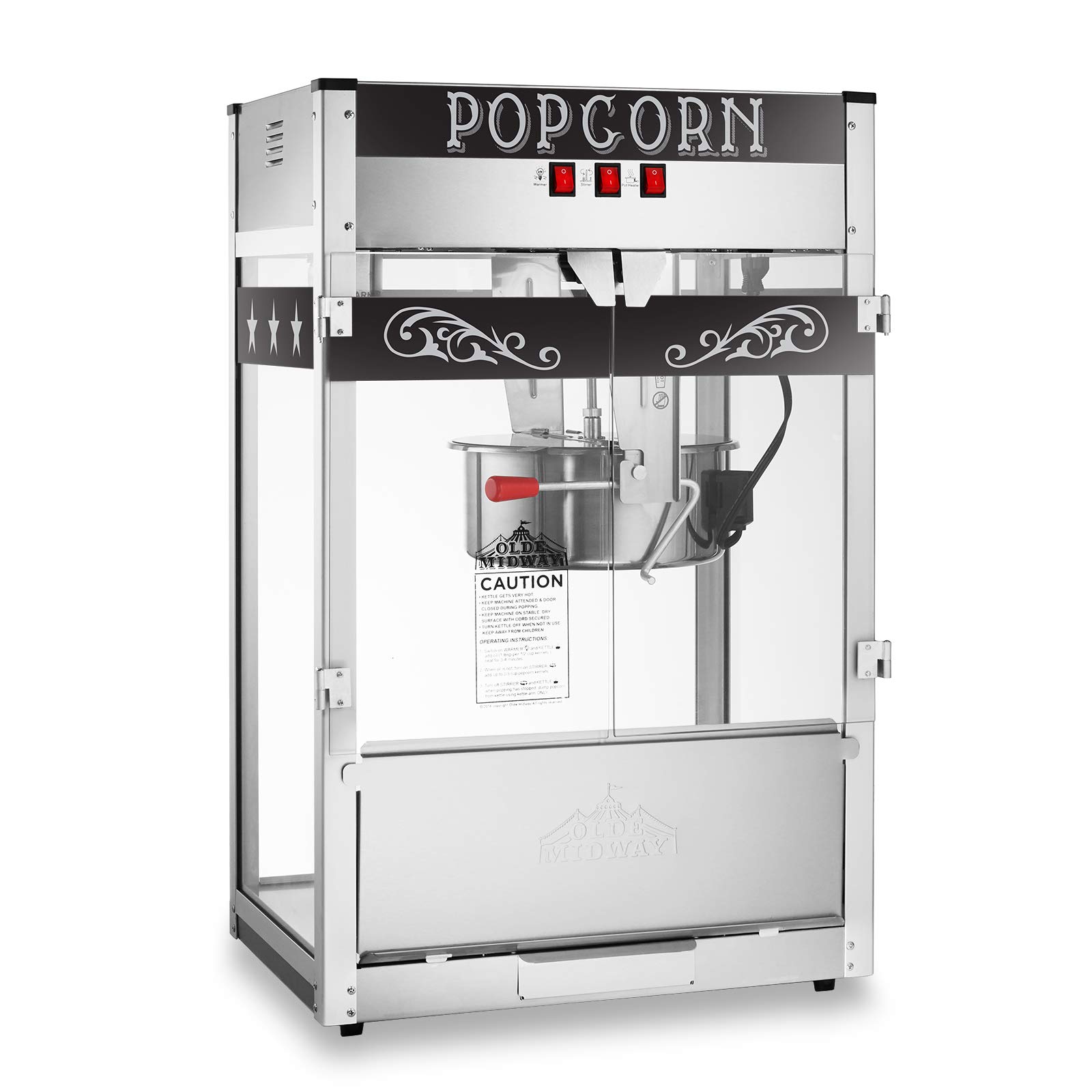 Olde Midway Commercial Popcorn Machine Maker Popper with Extra Large 16-Ounce Kettle - Black | Professional Popcorn Maker for Movie Nights, Parties & Concessions | Heavy Duty Stainless Steel Popcorn Popper for Theaters, Carnivals & Home Use