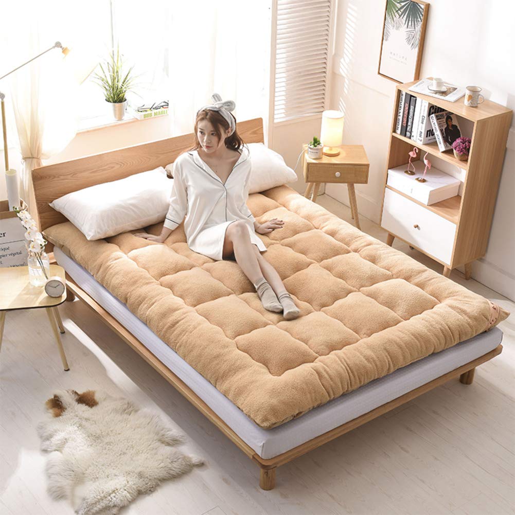 WJXBoos Thick Warm Futon Mattress - Lamb Cashmere Tatami Floor Mattress, Soft Plush Non-Slip Mattress Topper for Floor Sleeping, Guest Bed, Home & Travel - Khaki Queen Size